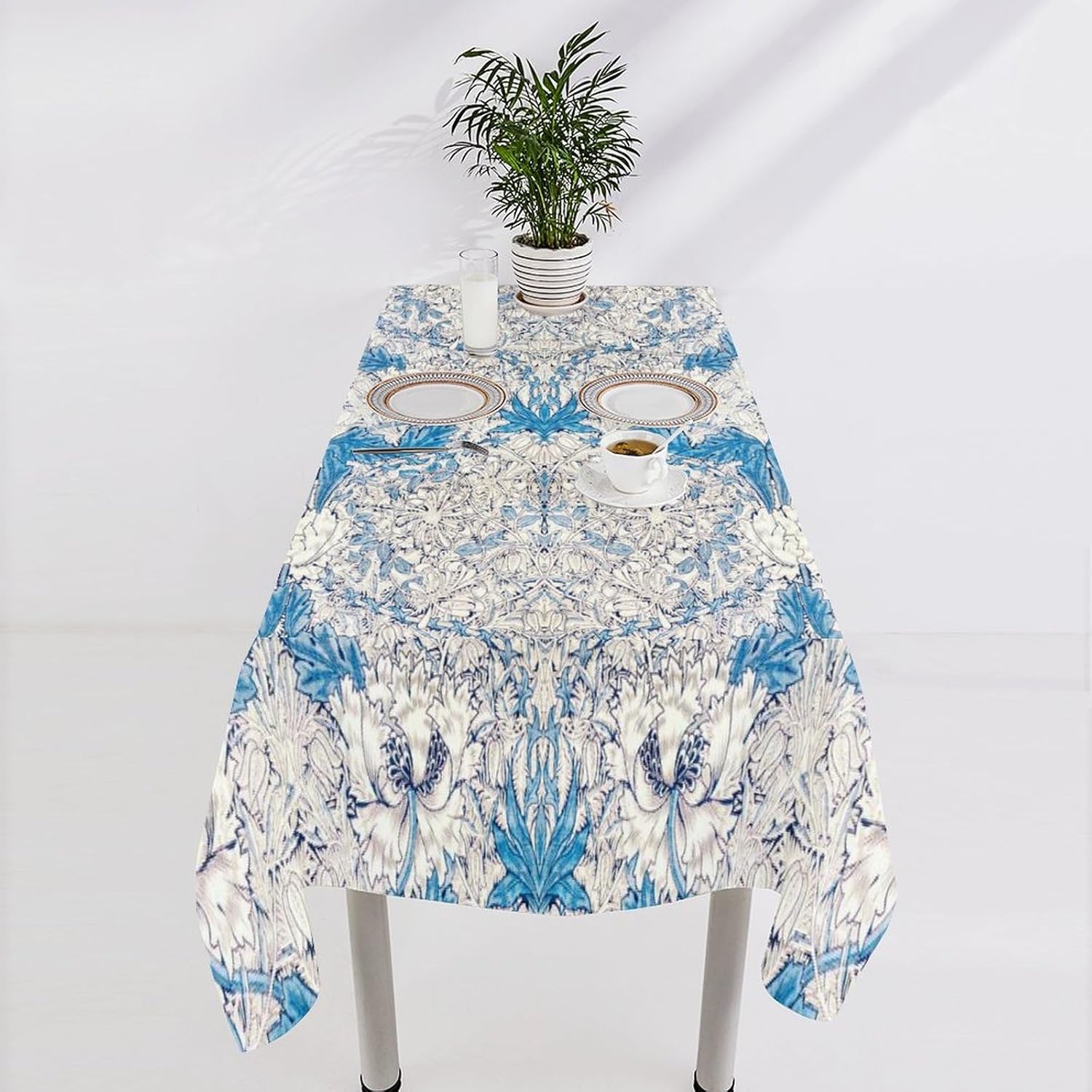 Vintage Floral Art Rectangle Tablecloth, William Morris Original Design White Vine Pattern Blue Flower Print Tablecloth for Home Party Dining Room Kitchen Decor 55"x75"in（140x190cm）