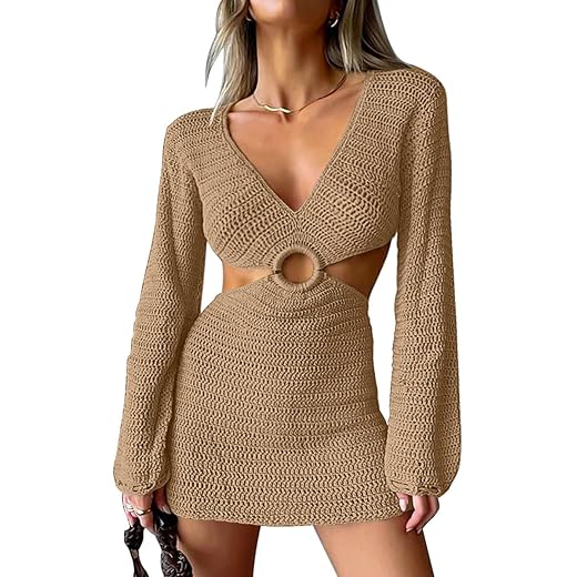 LILLUSORY Bathing Suit Swim Cover Ups for Swimwear Women Swimsuit Coverup 2023 Summer Bikini Beach Spring Long Sleeve Sexy Crochet Dresses Vacation Outfits Clothes Khaki