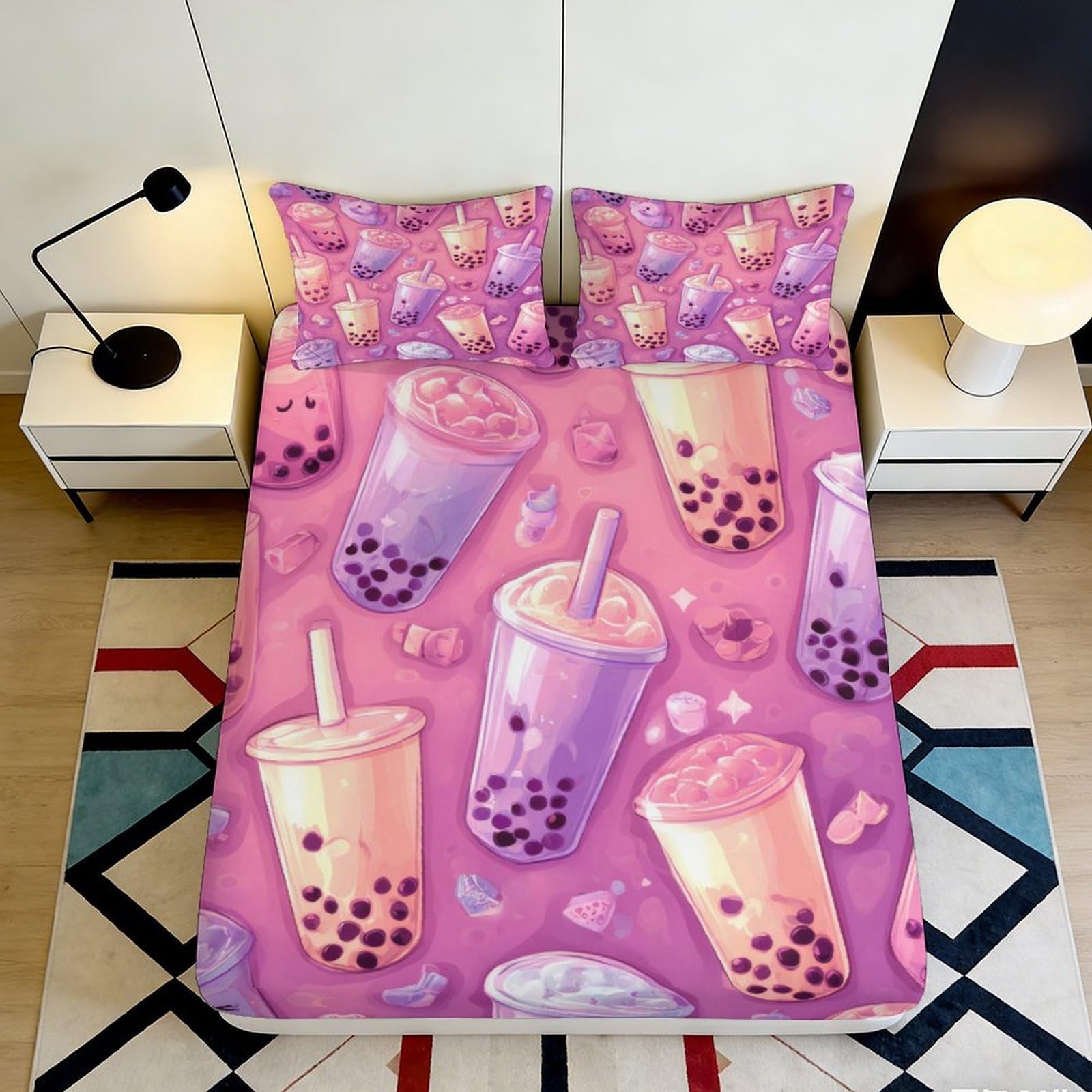 3D Printed Bubble Tea Fitted Sheet Microfiber Pink Drinks Bed Cover for Bedroom Dorm Mattress Protection Decor 90x200x25cm