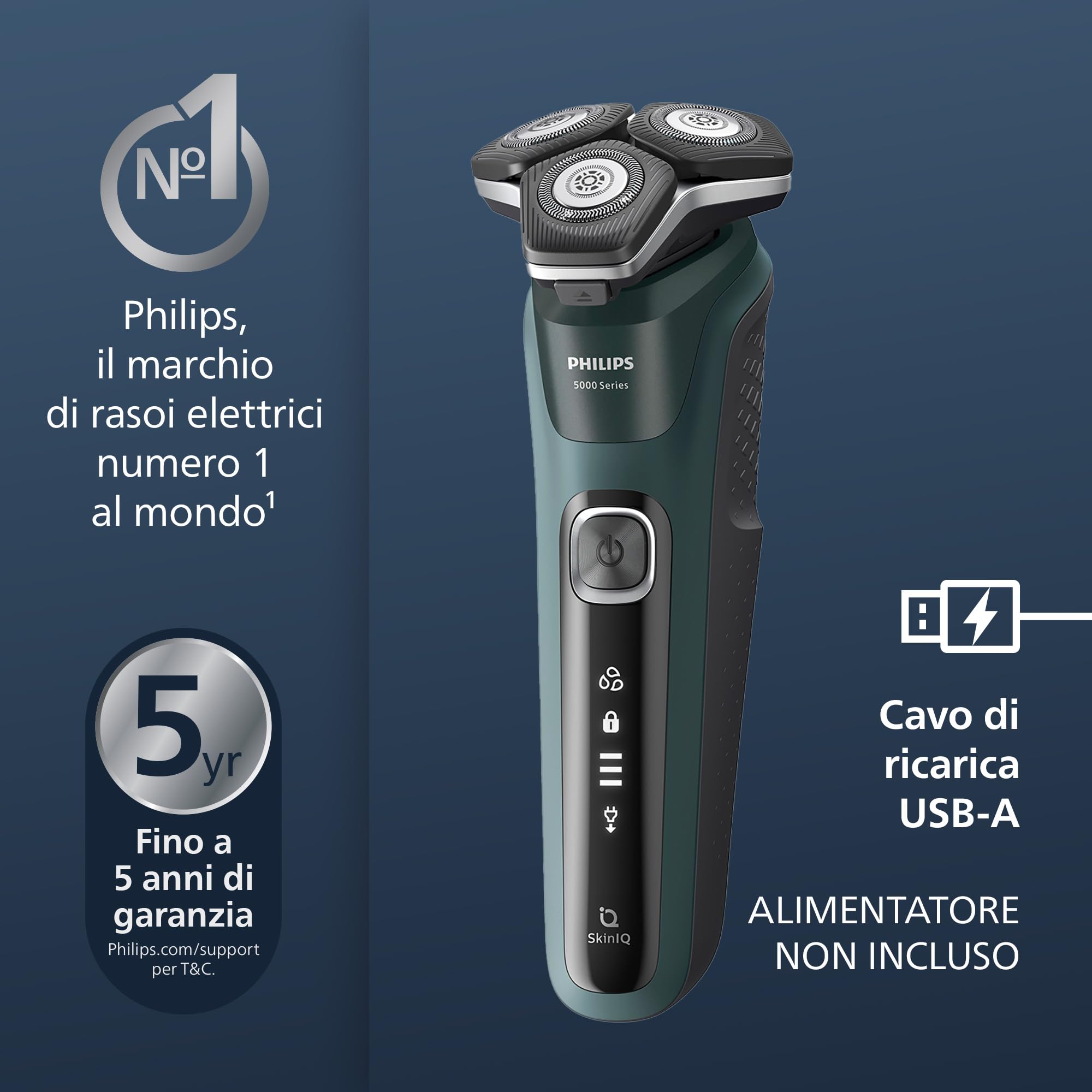 Rasoio elettrico Serie 5000 con tecnologia SkinIQ, Wet&Dry, rifinitore, base di ricarica, custodia (modello S5884/35)