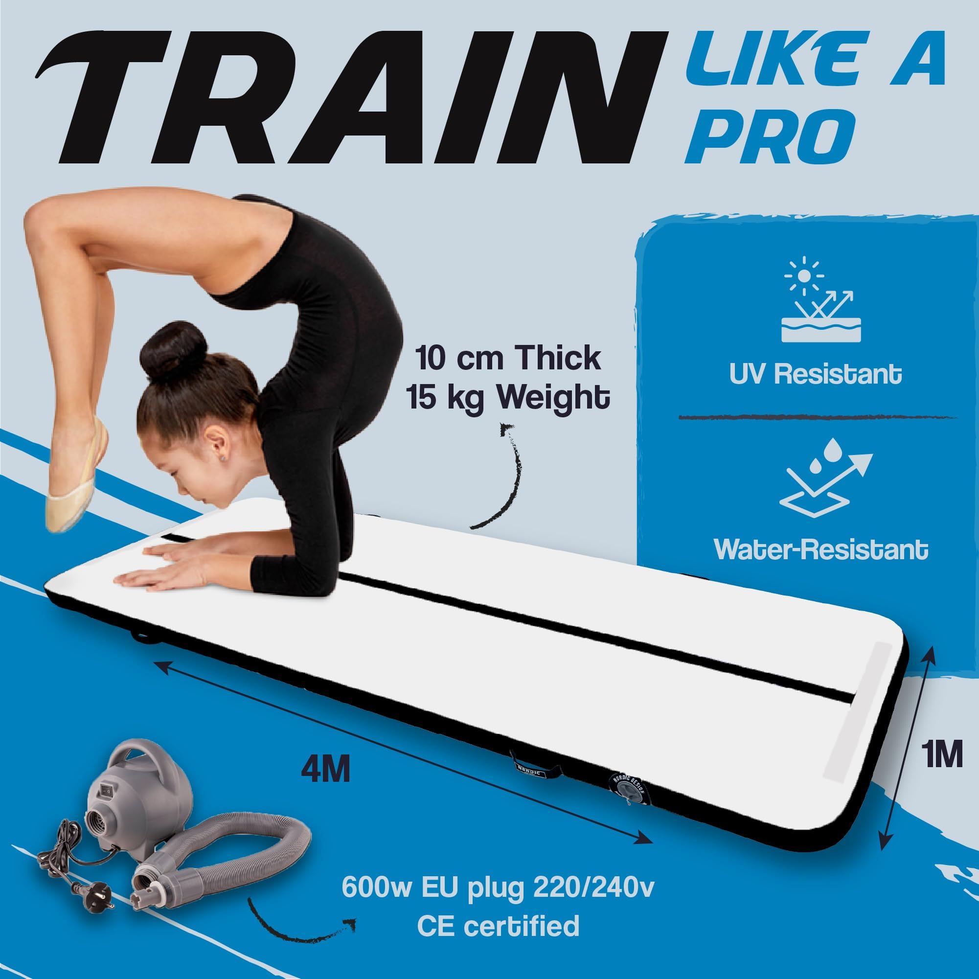 AirTrack Nordic Standard Air Track 3m/4m/5m/6m/7m/8m con Pompa Elettrica ad Aria, Tappeto Ginnastica Artistica da Casa, Tappetino Gonfiabile Resistente e Facile da Trasportare, Air Track Tumbling