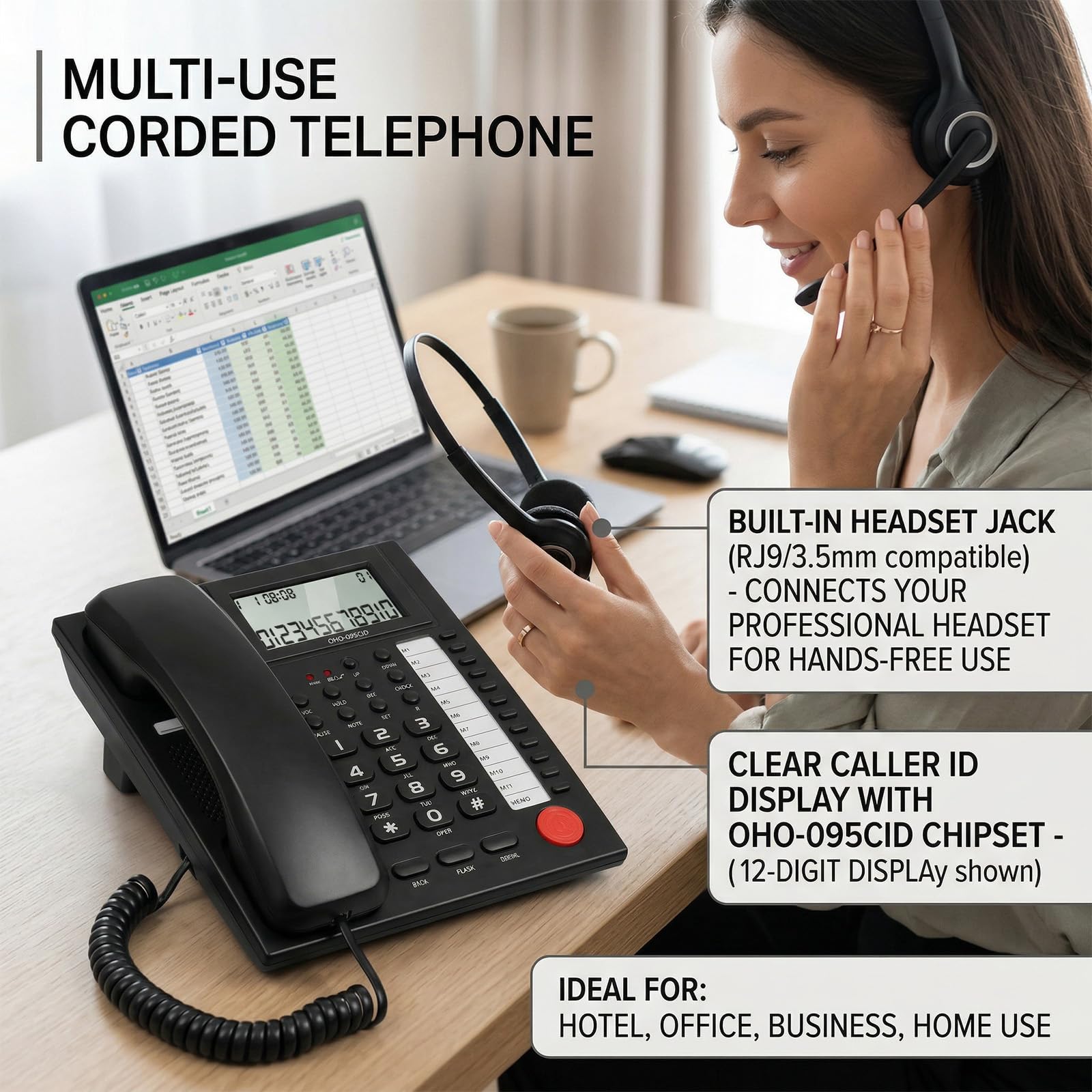 Telefono fisso fisso con filo per ufficio con schermo luminoso di identificazione del chiamante e cuffie vivavoce opzione telefono desktop con cuffie