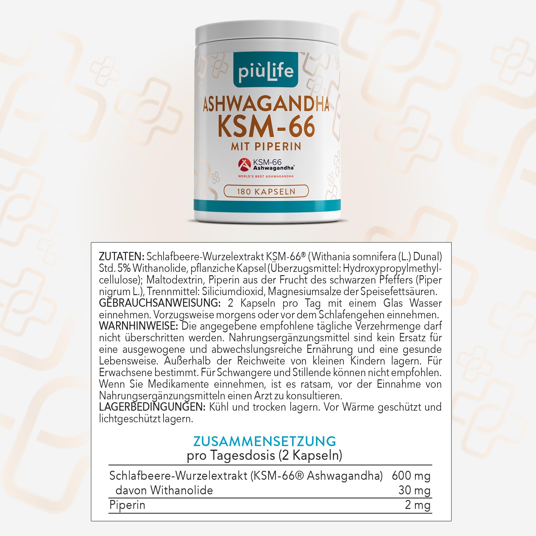 Ashwagandha KSM-66 600 mg PiùLife – Extrakt aus Wurzel 5% Witanolide | Für Stress & mentales Wohlbefinden, 180 KSM66 Ashwagandha Kapseln hochdosiert, laktose- & glutenfrei