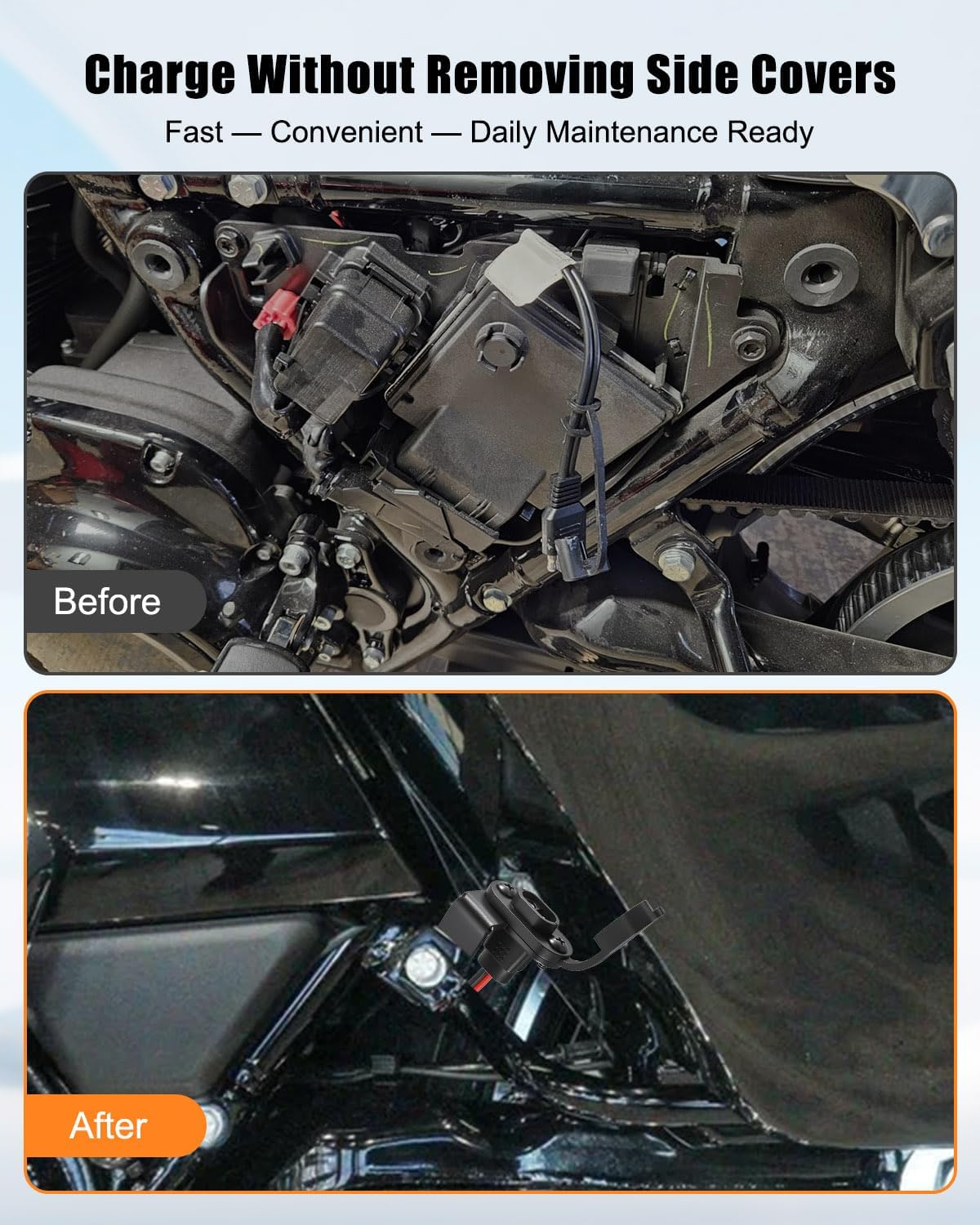 Motorcycle Battery Charger Bracket Fit for Harley Road Glide FLTRX & Street Glide FLHX 2024-2025, 304 Stainless Steel Stealth SAE Charging L-Shaped Port Mount Cable Holder, External Charger Connector