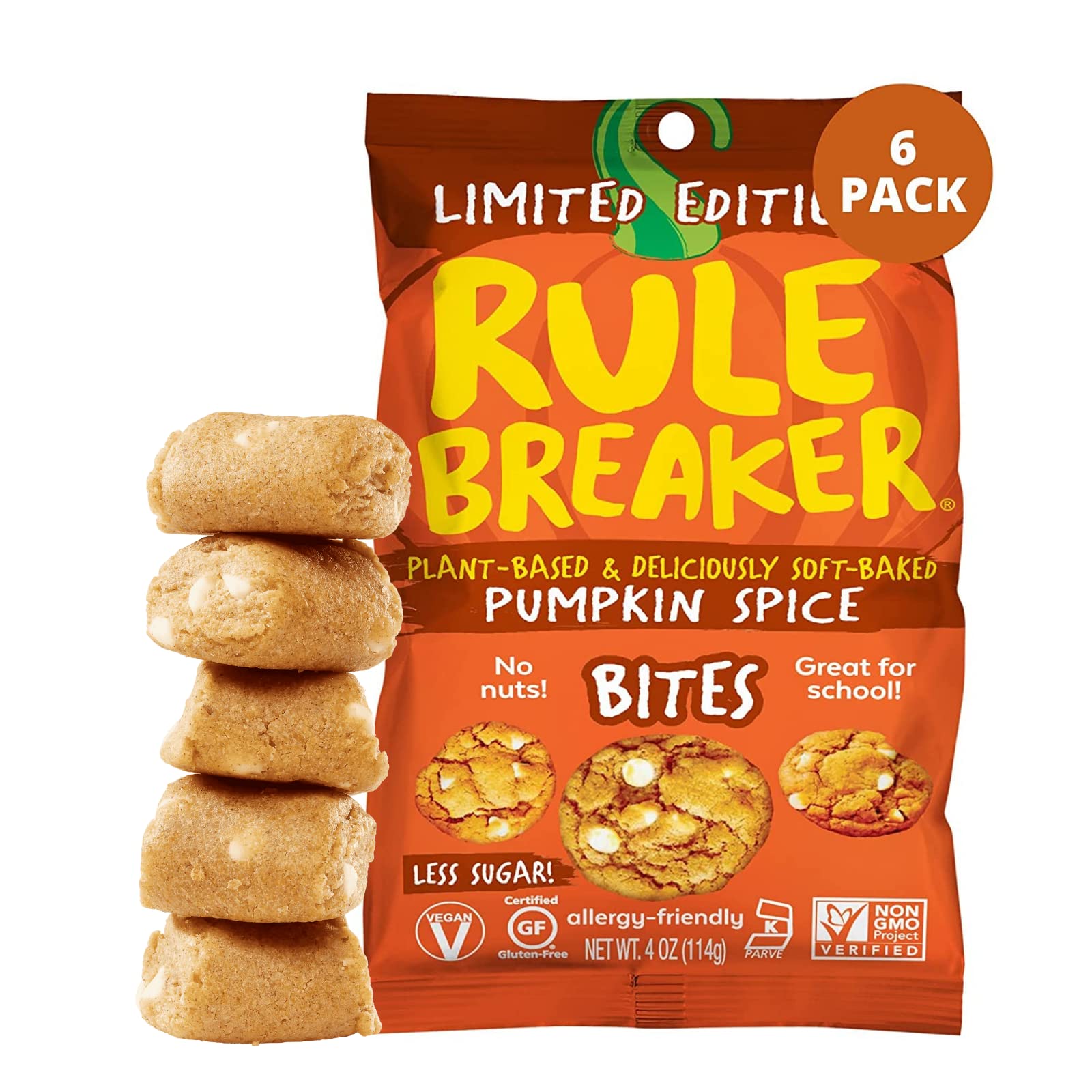 Rule Breaker Snacks Vegan Gluten Free | Pumpkin Spice Blondie Cookie Bites | Plant-Based, Dairy, Nut, Soy, Allergen Free, Kosher | Soft-Baked School Snacks for Kids and Adults (Pack of 6)