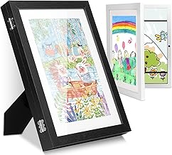 2-PACK Kids Art Frames , Black & White Kids Artwork Frames Changeable with Mat & Pictures Storage , Wooden Art Project Frames with HD Tempered Glass Front Openin for 2D Picture,3D Picture, Crafts, Children Drawings, Hanging Artworks Horizontal and Vertical Formats
