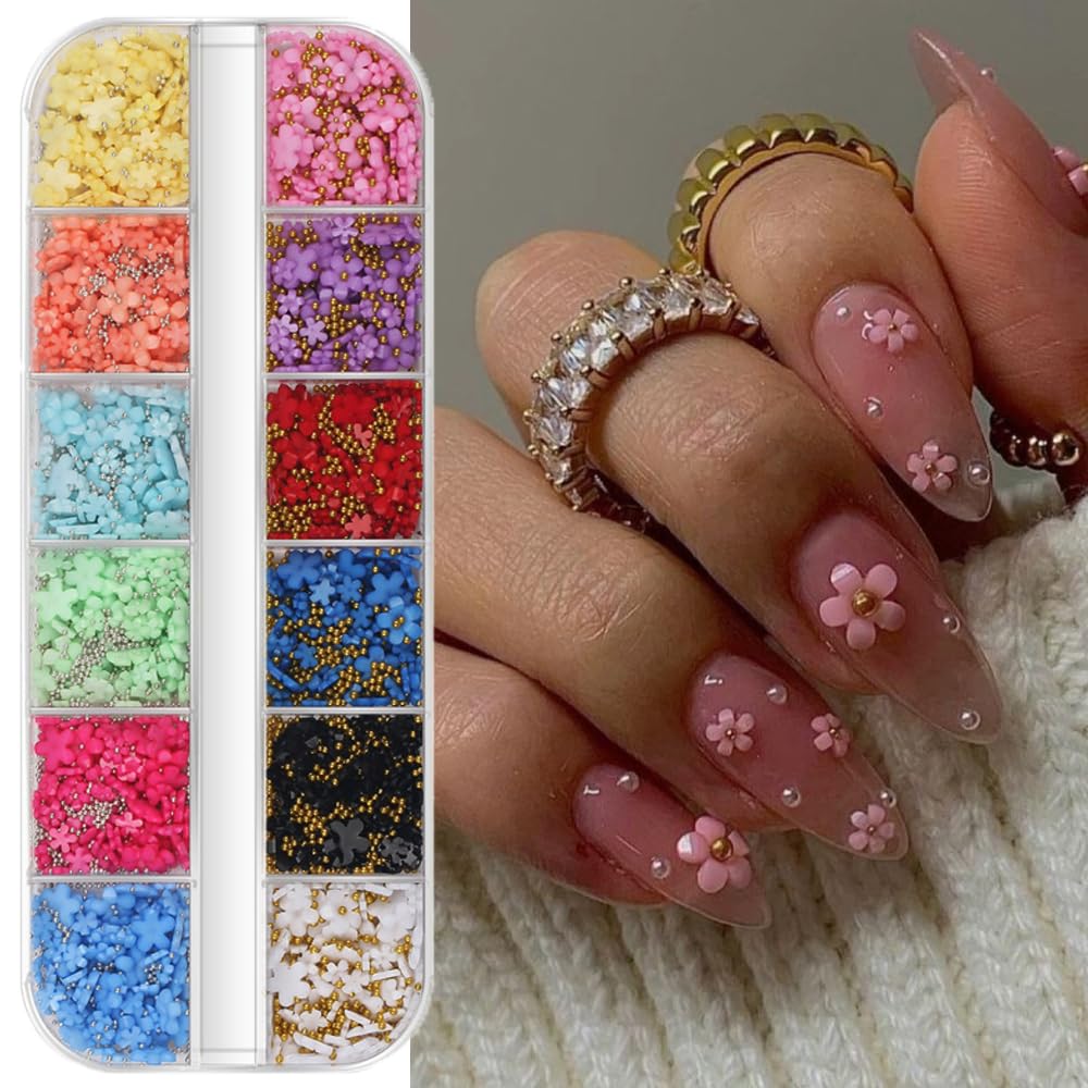 S.A.V.I 3D Multicolor Flower Nail Art Charms with Gold & Silver Beads – 12 Colors, 2 Sizes (3mm & 6mm) | DIY Nail Decoration Kit for Acrylic, Press-On & Manicure | Floral Nail Accessories for Women-image-13