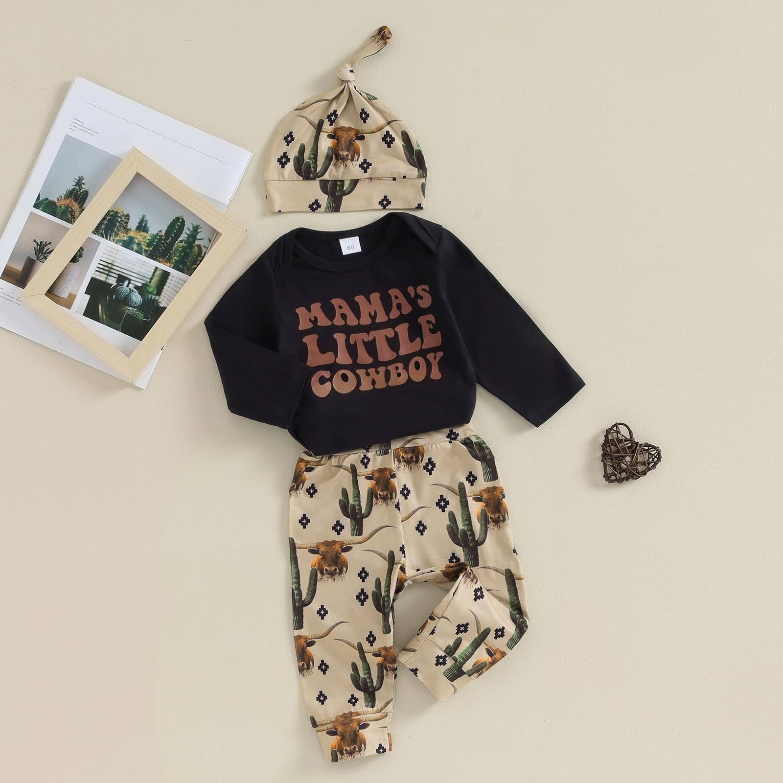 SAYOO Western Newborn Baby Boys Cowboy Outfits Cow Print Letter Bodysuit+Long Leggings+Cap 3pcs Infant Boy Country Clothes (A-Black#, 3-6 Months)