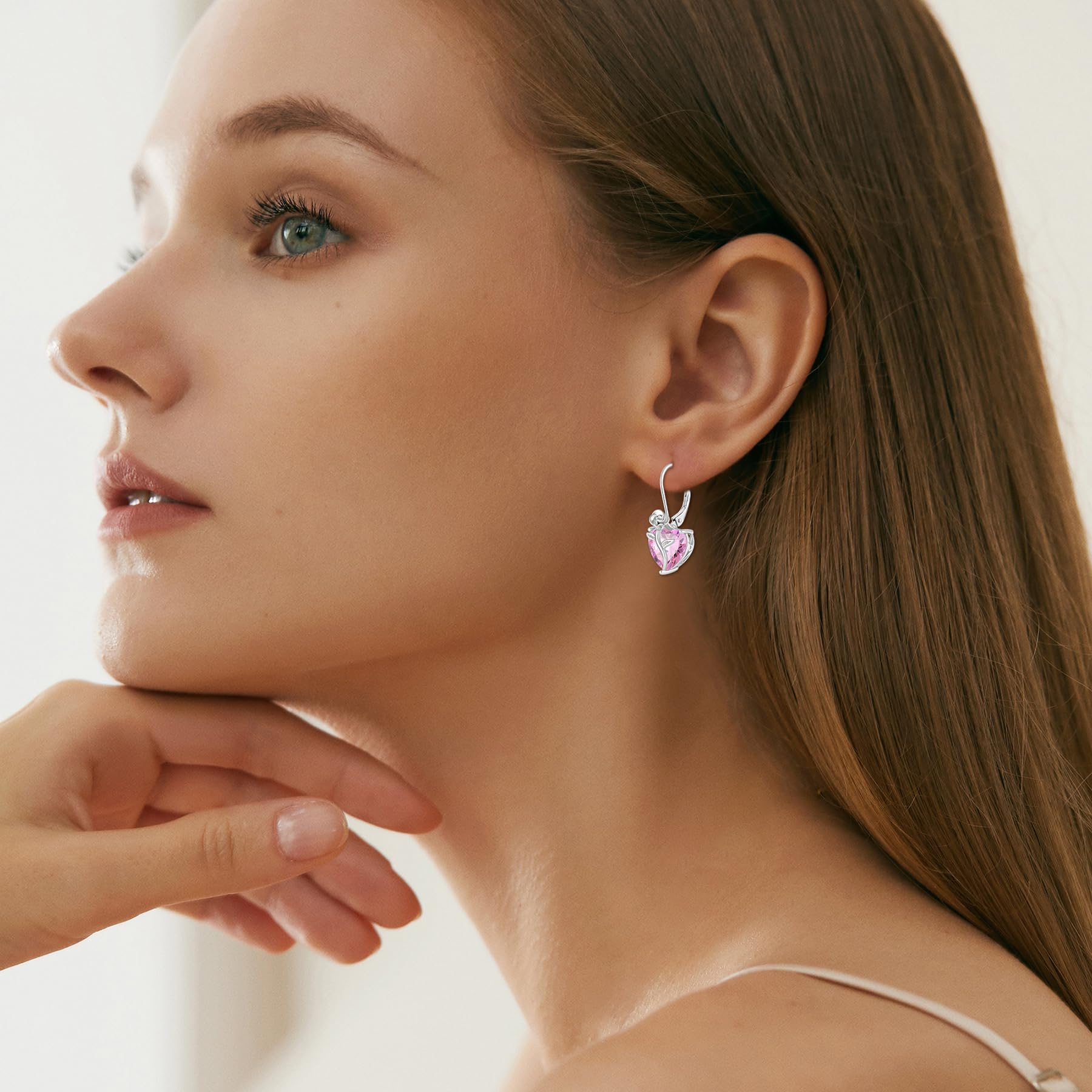 FJ Pendientes Corazón Colgantes Mujer Plata de Ley 925 Pendientes Piedra de Nacimiento Pendientes de Palanca Flor Rosa Joyas para Mujer Mamá Esposa Novia