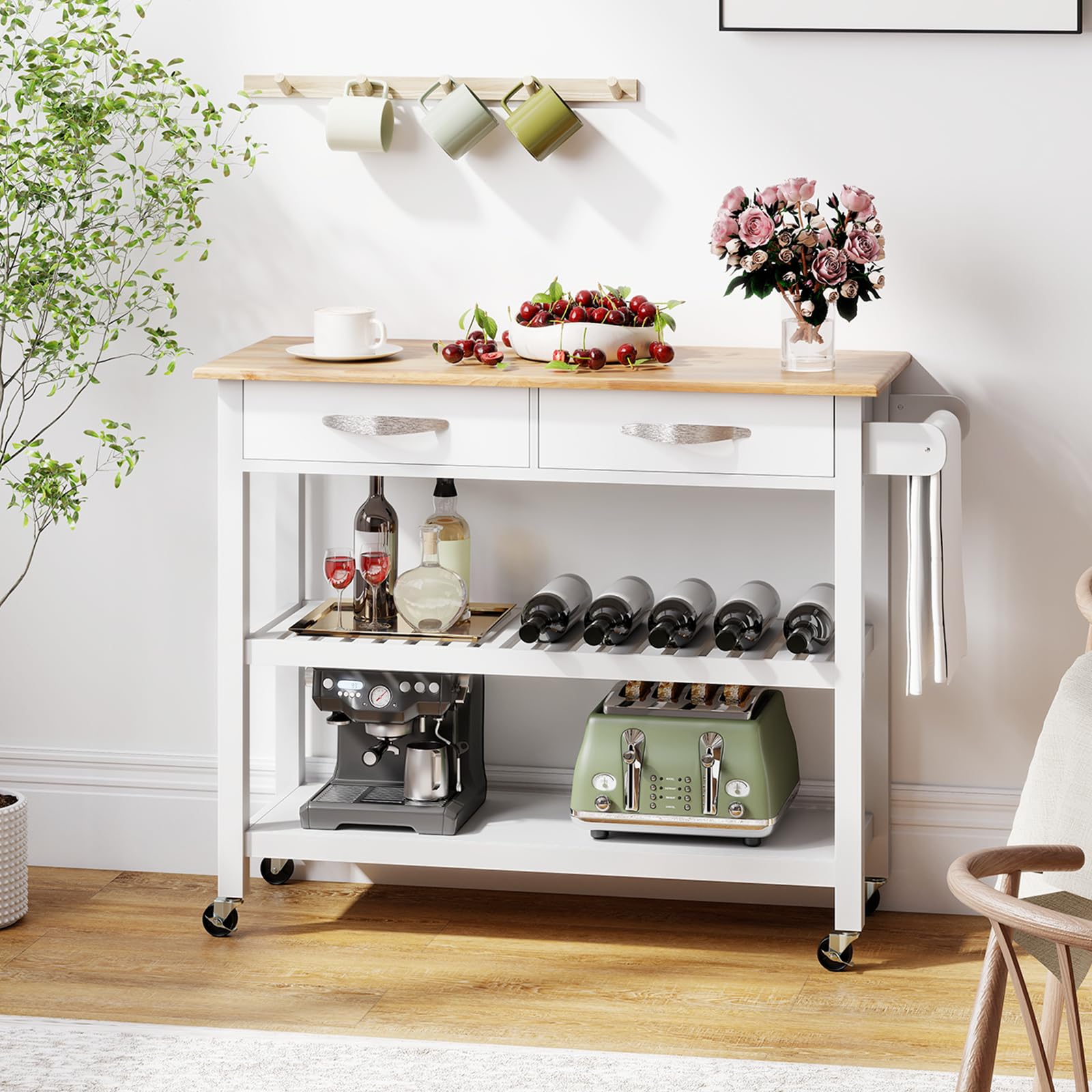 COSTWAY Küchenwagen Holz, Küchenschrank mit Rollen, Rollwagen mit Arbeitsplatte, 2 Schubladen, 2 offenen Regalen & Handtuchhalter, Servierwagen für Esszimmer & Küche, 116 x 43 x 89 cm (Weiß)