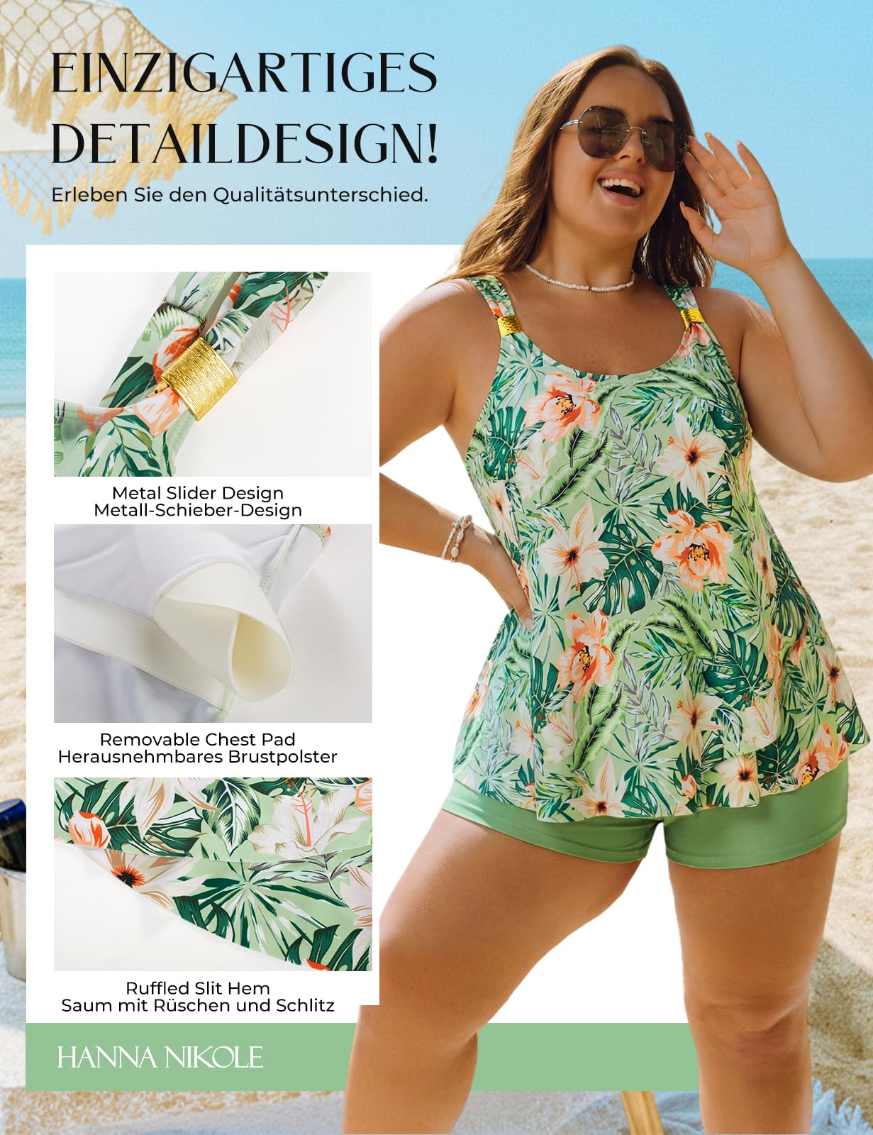 Hanna Nikole Maillot De Bain Deux Pièces avec Short pour Femme - Tankini Gainant Le Ventre - Grande Taille - Push-Up - Dos Nu - Ourlet Irrégulier