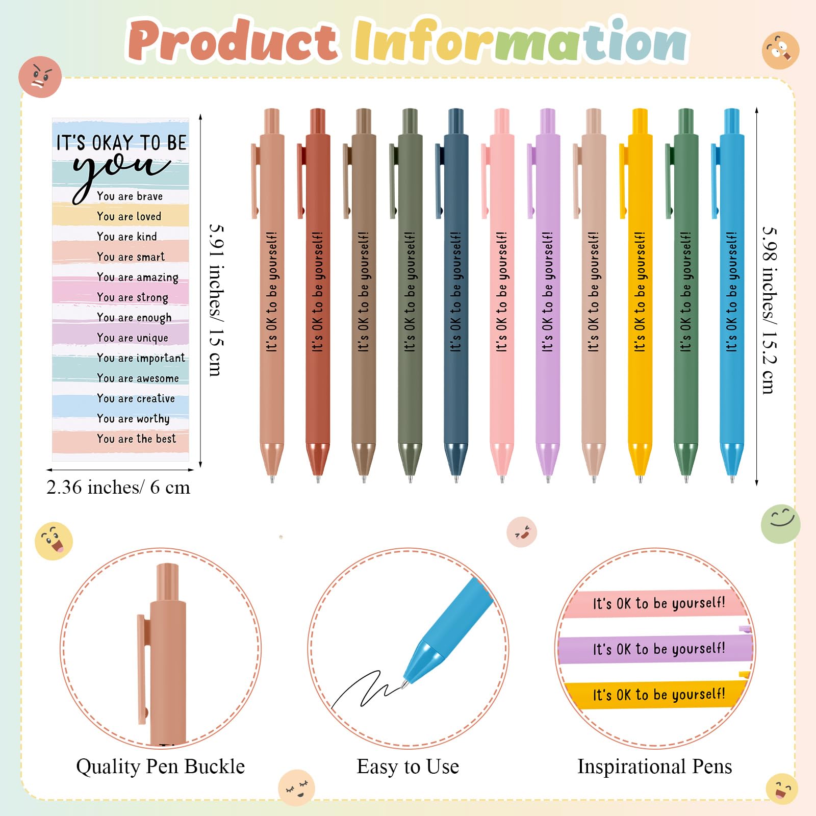 48 Pcs 16 Sets Mental Health Gift Bulk Pastel Inspirational Pens Motivational Funny Emotion Keychains with Positive Cards Employee Appreciation Gifts for Office Staff Coworker Teachers Students