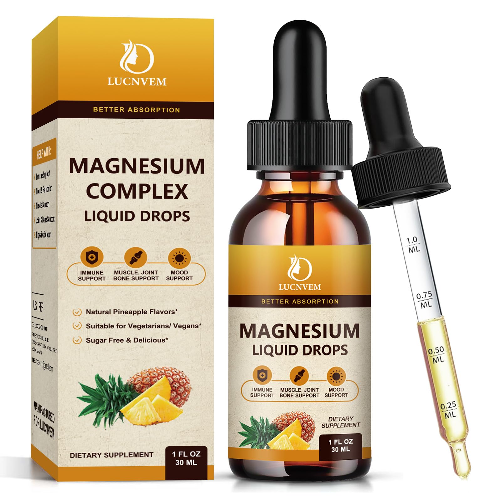 (2 Pack) Magnesium Glycinate Liquid Drops with Citrate and Taurate, High Absorption Magnesium Complex 1200mg with GABA, L-theanine, D3 and B6 for Calm, Sleep, Relaxation - Pineapple Flavor 2 Fl Oz