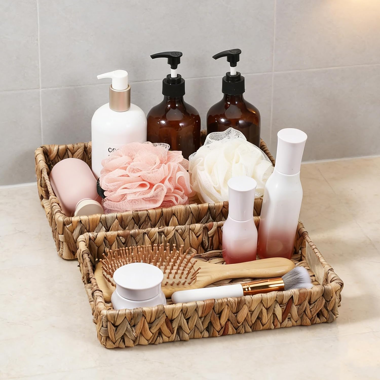 2 PCS Wicker Tray, Hyacinth Storage Baskets with Handle Shallow Basket Handmade Woven Tray Small Wicker Baskets Rectangular for Bathroom, Living Room and Kitchen Decoration or Storage