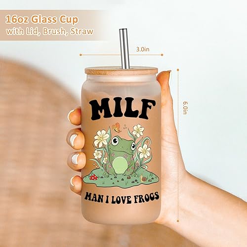 Miniatura 3 de Fairy's Gift Bonita taza de rana, taza de café helado, taza de vidrio esmerilado con tapa de bambú y pajita, diseño de rana con texto en inglés Man