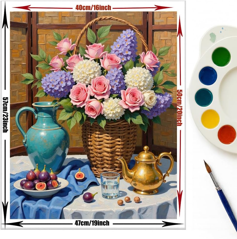 EnLvYY Floral Still Life Paint by Numbers for Adults 16x20 Inch, DIY Unframed Acrylic Painting Kit on Canvas, Rose and Hydrangea Basket with Fig Fruit and Teapot Table Scene, Gift for Art Lovers image 2