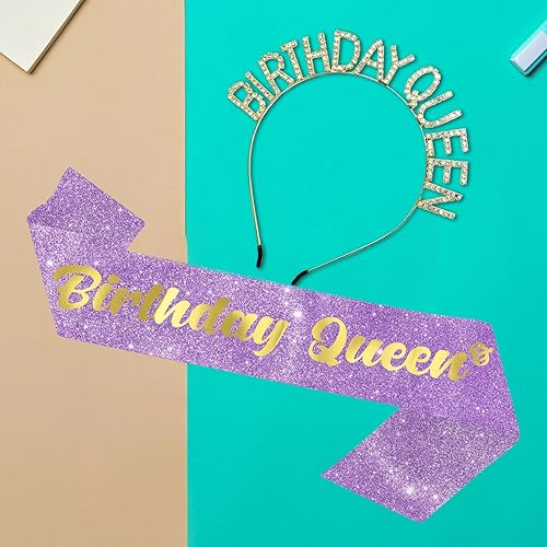 Miniatura 3 de Juego de banda y tiara de diamantes de imitación de "Birthday Queen", juego de 2 piezas, banda y tiara de cumpleaños morada para decoración de