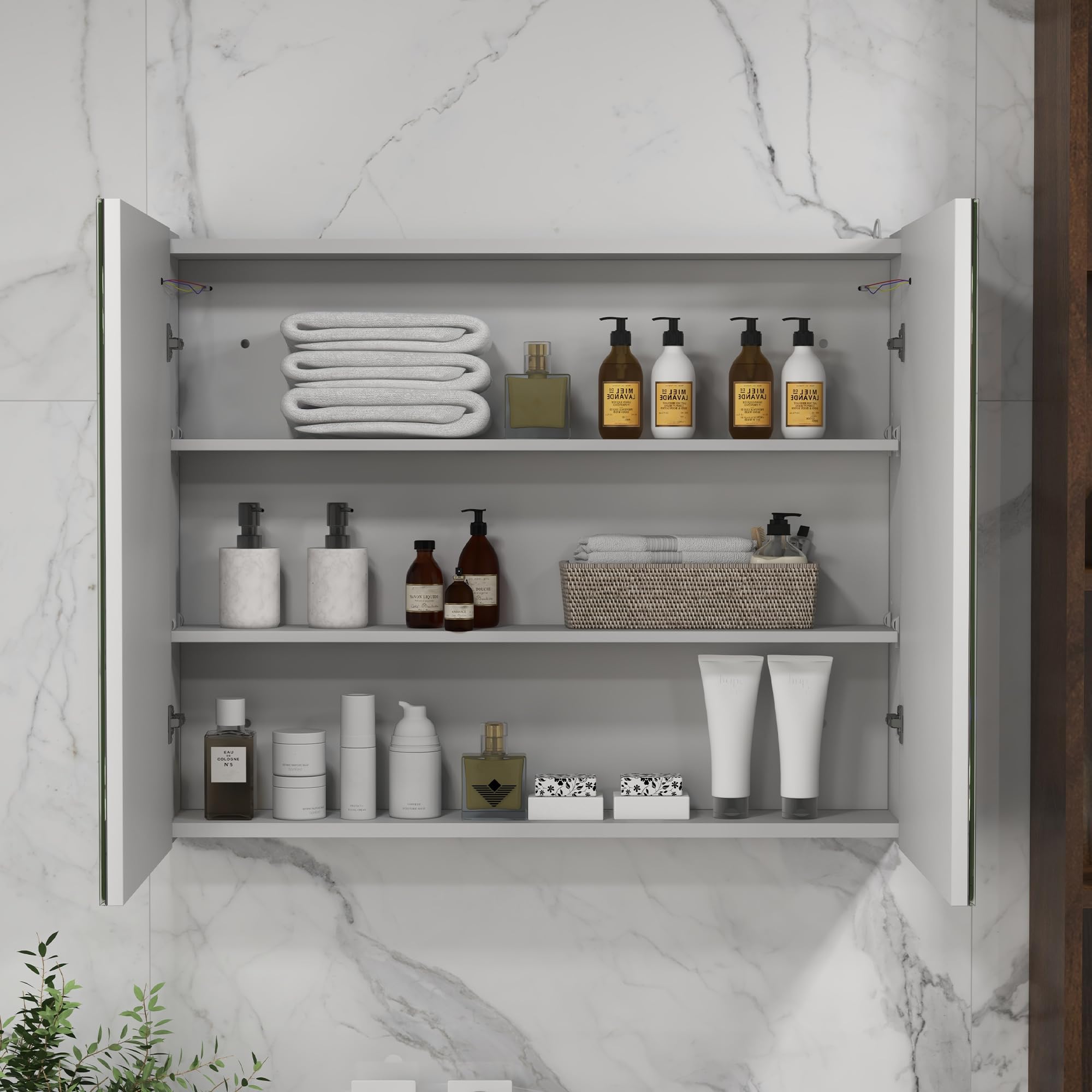 kleankin Armario de Baño con Espejo LED 80x15x65 cm Blanco Brillante | Camerino de Baño, Color de Luz Ajustable, 2 Puertas, Estantes Ajustables, Interruptor Táctil