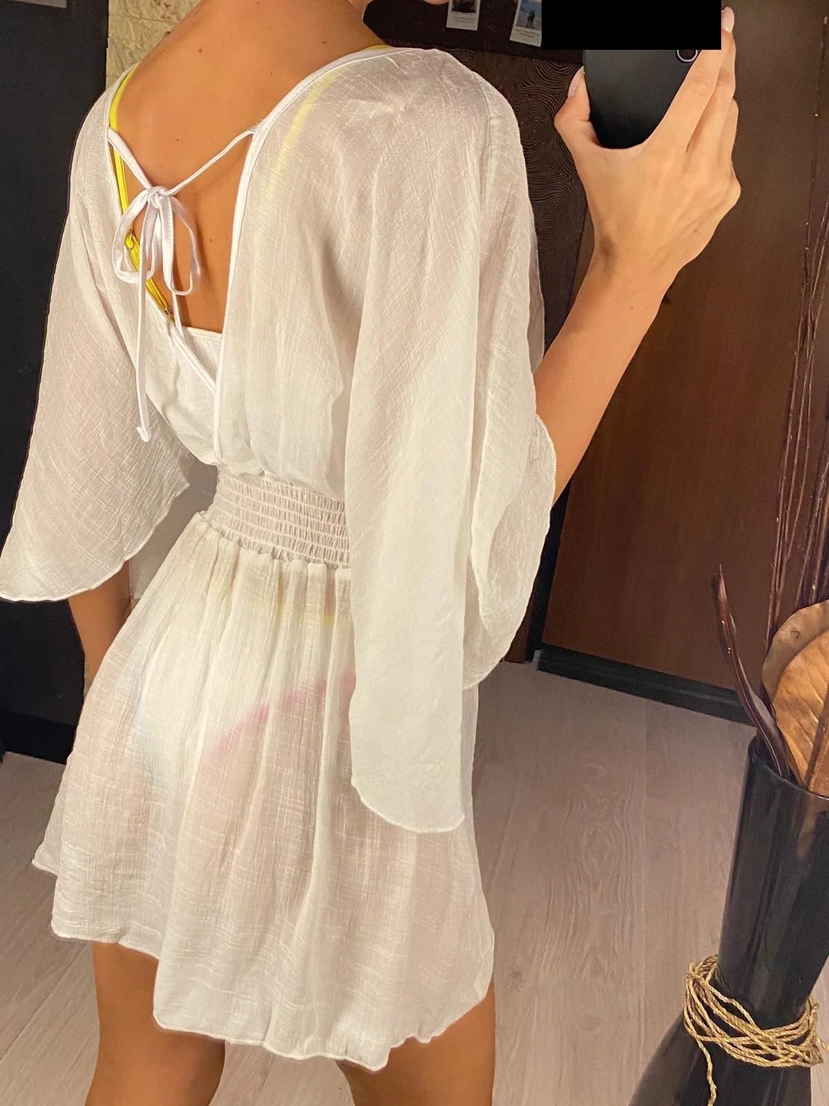 Robe De Plage Robe de Plage Sexy col en V Manches Longues Dos Nu Cache-Maillot de Plage Cache-Maillots de Plage Robe de Plage for la Plage pour Femmes(Black)