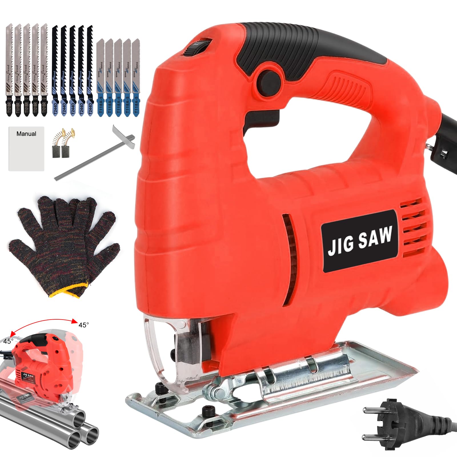 Seghetto alternativo elettrico, 710 W, 2800 SPM, 6 marce, regolabile, con taglio obliquo di ±45°, con righello di guida e 15 lame per legno, metallo e plastica