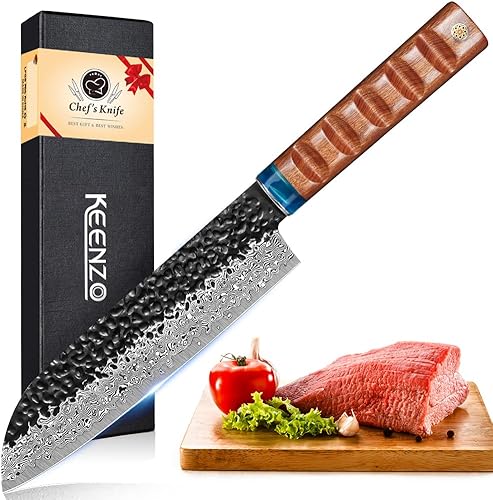 KEENZO Cuchillo Santoku de Damasco de 7 pulgadas, juego de cuchillos de cocina profesionales, cuchillo de chef de Damasco afilado. Cuchillo de acero