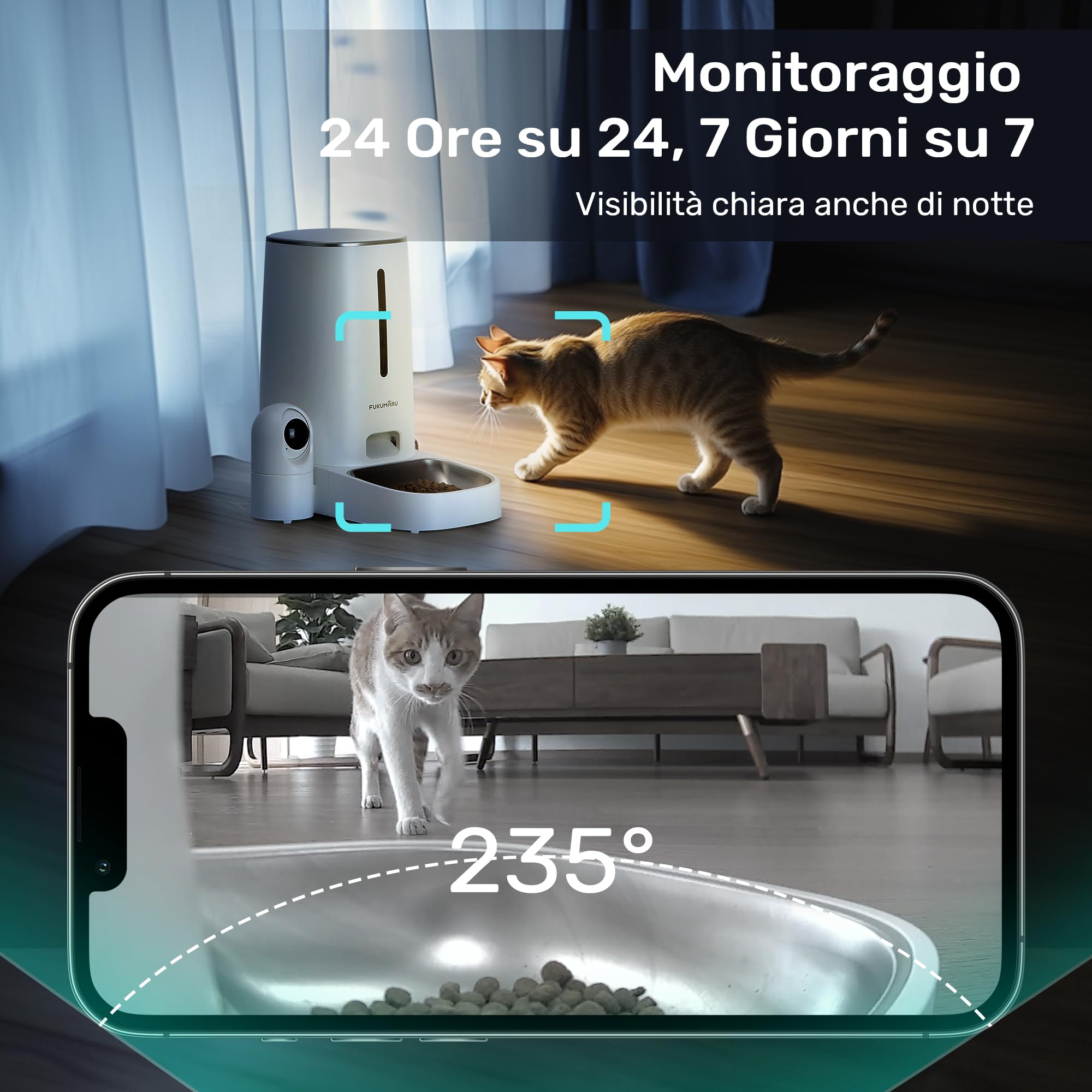 FUKUMARU Distributore Automatico Cibo Gatti con Telecamera HD 1080P, 4L, Mangiatoia per Cani con Video e Visione Notturna,Controllo tramite APP WiFi 5G e 2.4G,Audio Bidirezionale,Sensore Cibo Basso.