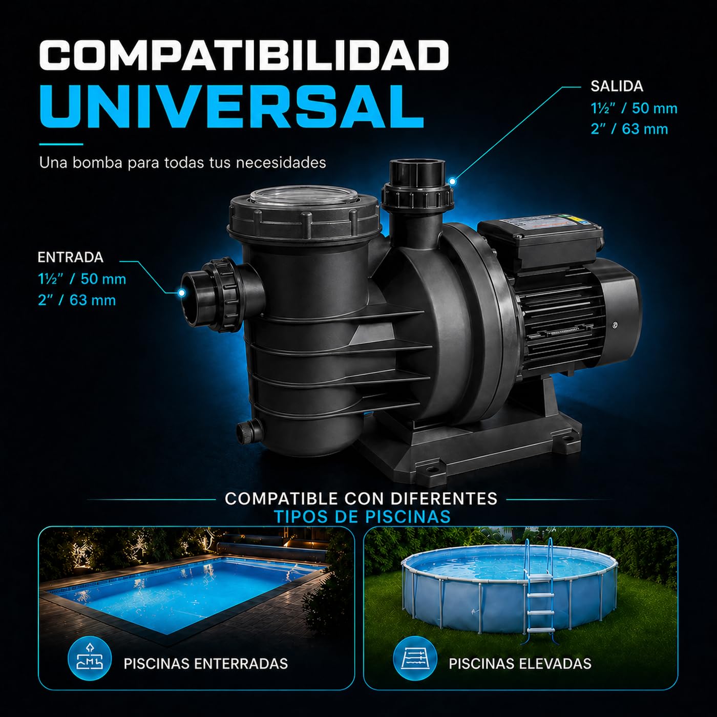 Nix Pool Bomba para Piscina Pro Max 100M Filtración 23400 L/h, Motor de Alta Potencia, Prefiltro de Gran Capacidad, Compatible con Espa Silen antigua y Espa Nox, Bomba de Piscina 1100 W