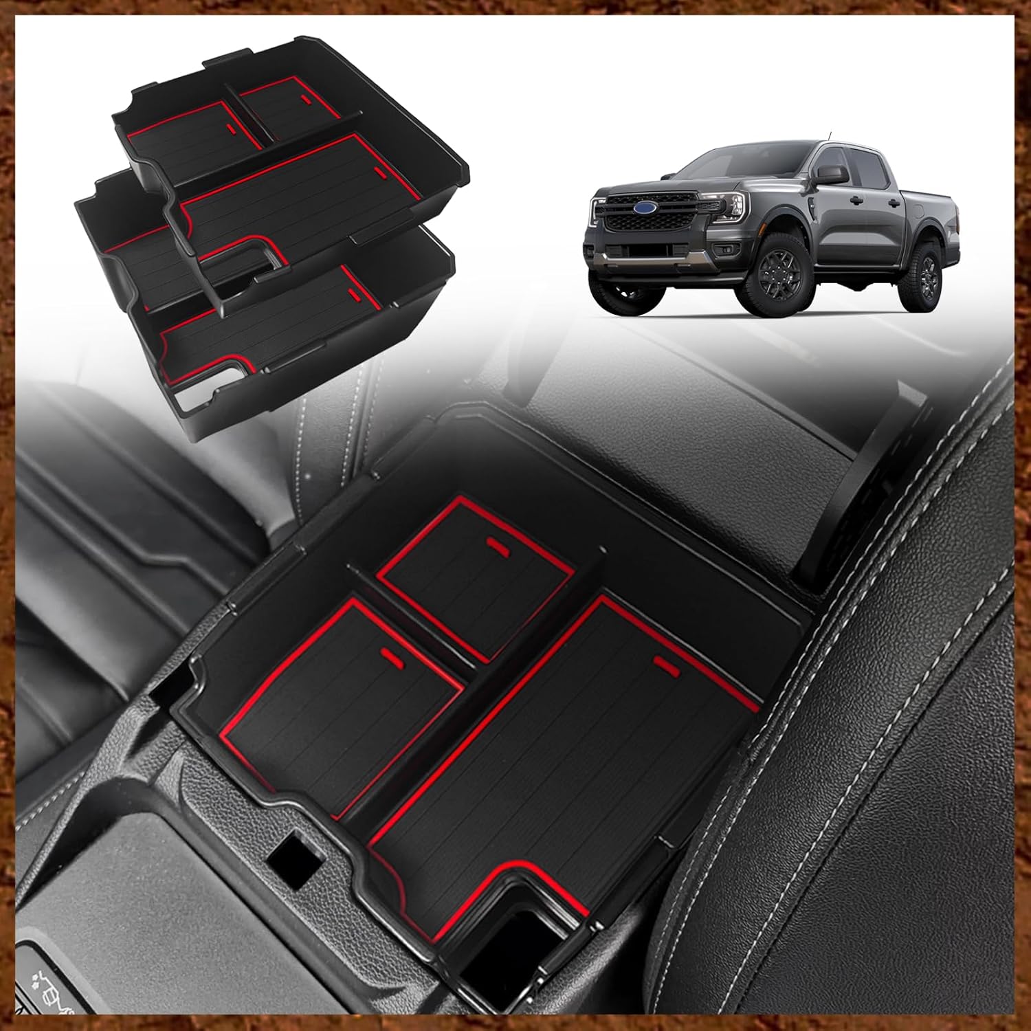 Muslogy Center Console Organizer Two-Layer & Hidden Box Magnet Opening Design Compatible with Ford Ranger 2024 2025 & Raptor Accessories Secret Organizer Insert Tray Divider Storage Box