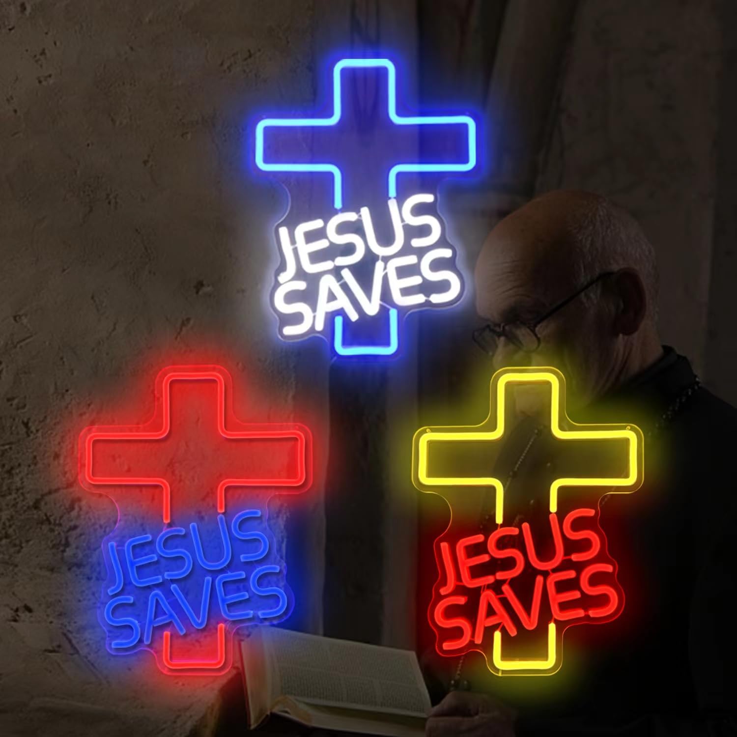 Cross Neon Signs Jesus Saves LED Signs for Wall Decor Dimmable Jesus Neon Lights Signs for Bedroom Living Room Christian Church Events Birthday Christmas Decor Gifts
