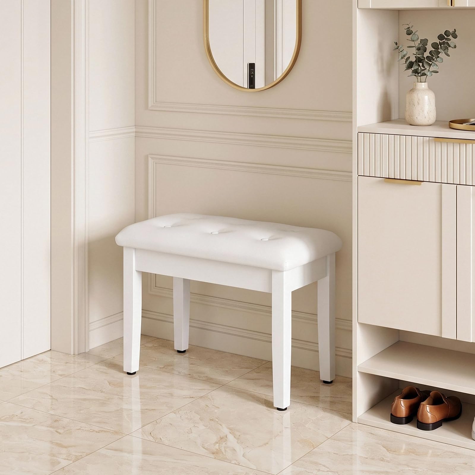 MAMIZO Sgabello per Pianoforte con Spazio di Archiviazione, 55x35x49CM | Panca Pianoforte con Cuscino in Pelle PU, Gambe in Legno Massello, Carico Massimo 150KG, Bianco