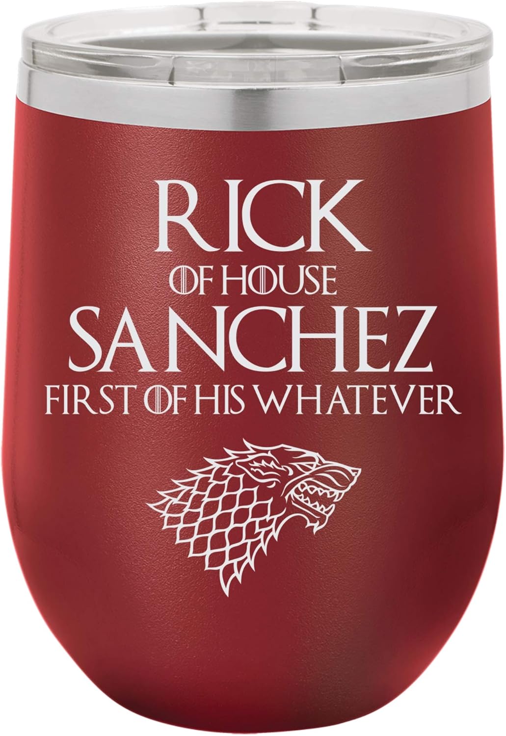 "Rick of House Sanchez, First of His Whatever" Funny TV Cartoon Design Engraved Insulated Stainless Steel Wine Tumbler, 12 Oz., Red