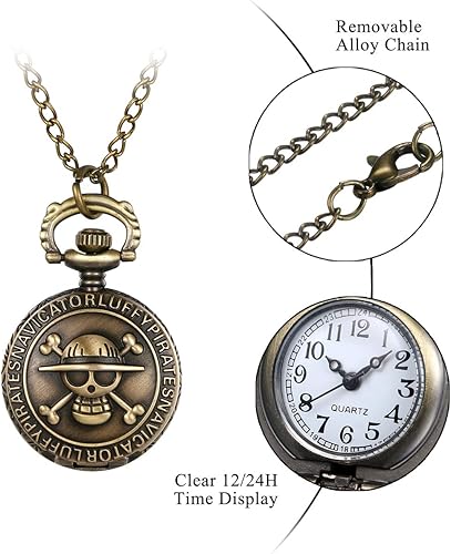 Miniatura 3 de JewelryWe Reloj de bolsillo de cuarzo de una pieza con diseño de calavera de anime de bronce antiguo con cadena de 31.5 pulgadas para el día de San