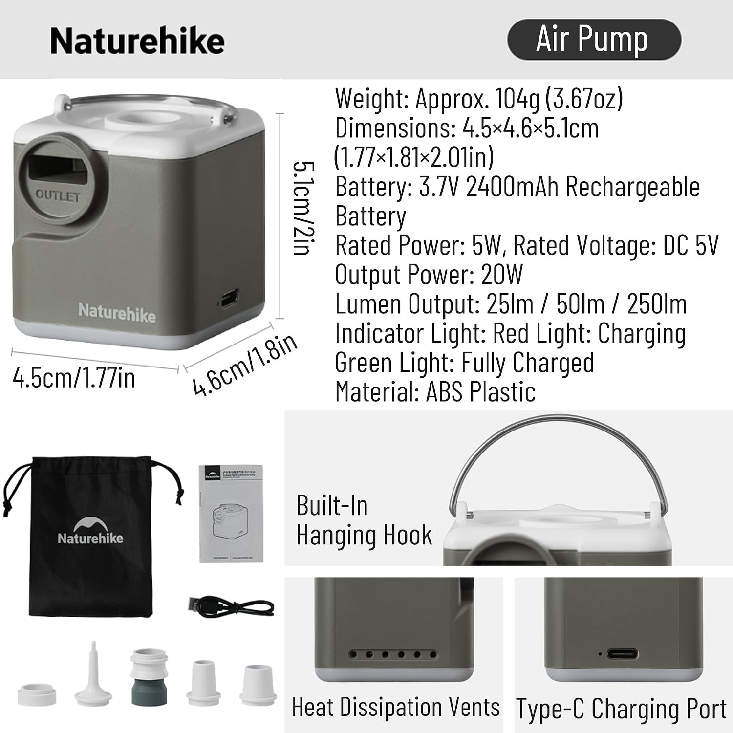 Naturehike Portable 3-in-1 Air Pump for Inflatables, 2400mAh Mini Air Mattress Pump with Camping Light, Electric Rechargeable Air Pump for Swimming Pool Toys, Camping, Pool Floats, Sleeping Pads