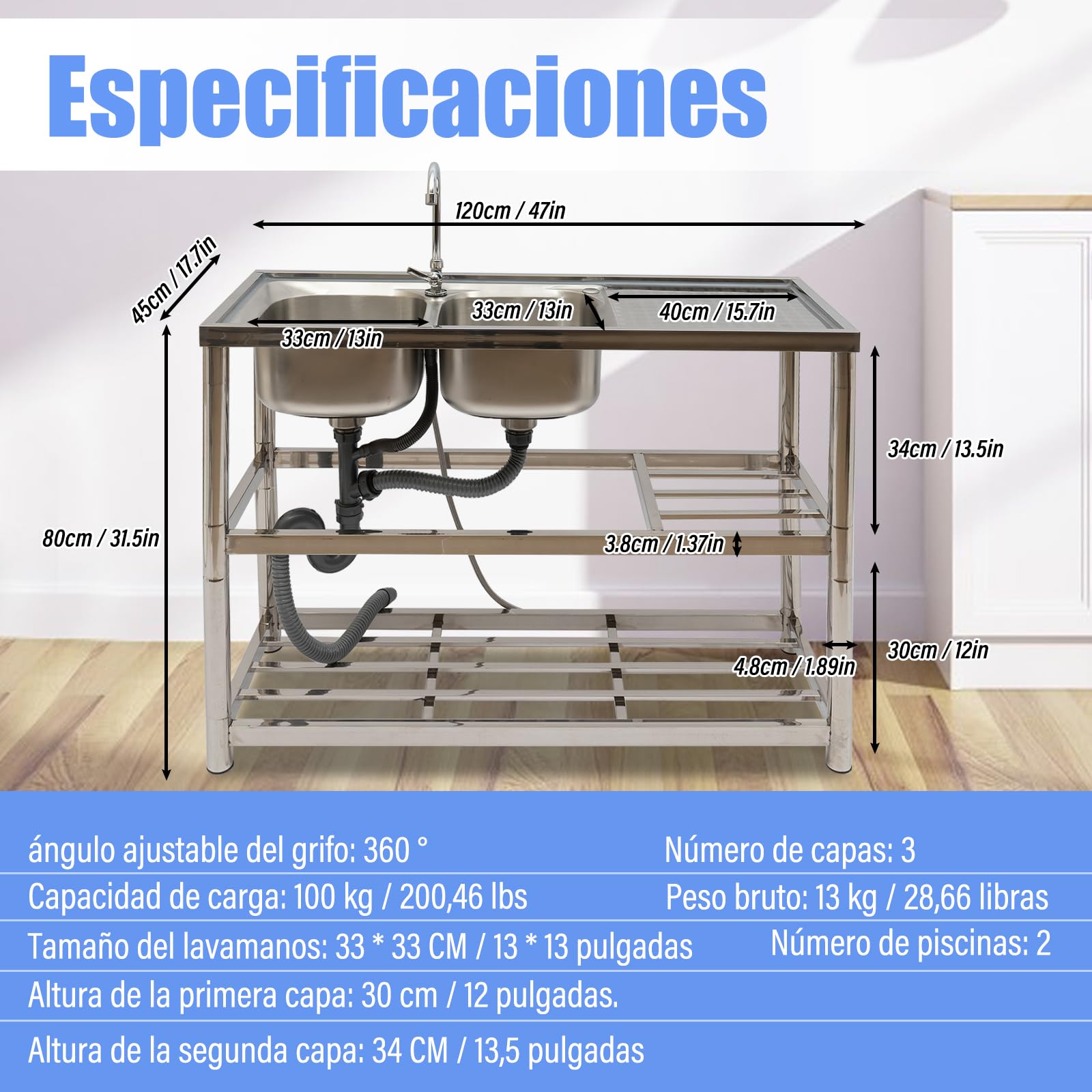 De pie libre de acero inoxidable doble tazón fregadero de uso de acero inoxidable, Comercial restaurante cocina fregadero conjunto w/grifo, tabla de drenaje, lavabo w/banco de trabajo, estantes