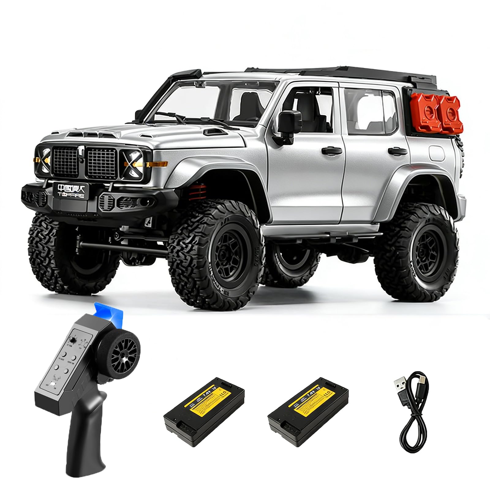 Hylukon 1:12 Scale RC Rock Crawler, 4WD RC Climbing Car with with LED Lights, Opening Doors, Detailed Replica Off Road Truck, 40min Play, All Terrain Remote Control Car for Adults (Silver)
