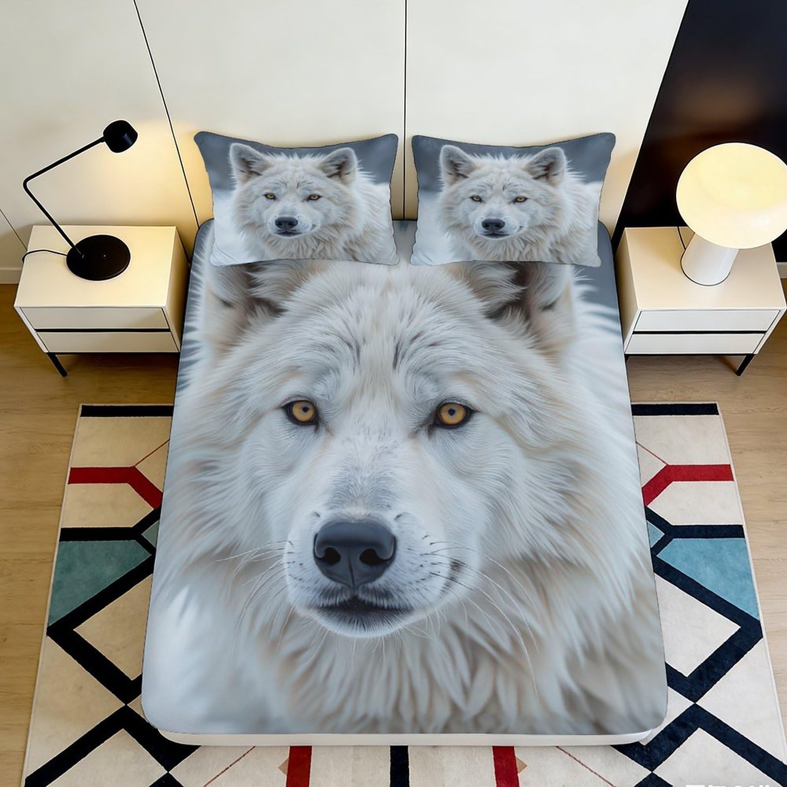 3D Printed Wolf Pattern Fitted Sheet Microfiber Deep Pocket Non-Slip Wolf Mattress Fitted Cover for Bedroom Adults Teens 200x200x25cm 90x200x25cm