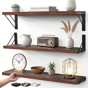 BAYKA Wall Shelves for Bedroom Decor, Floating Shelves for Wall, Display Mounted Rustic Wood Shelf for Books,Plants,Corner Shelves for Bathroom,Kitchen,Living Room(Rustic Brown,23in)