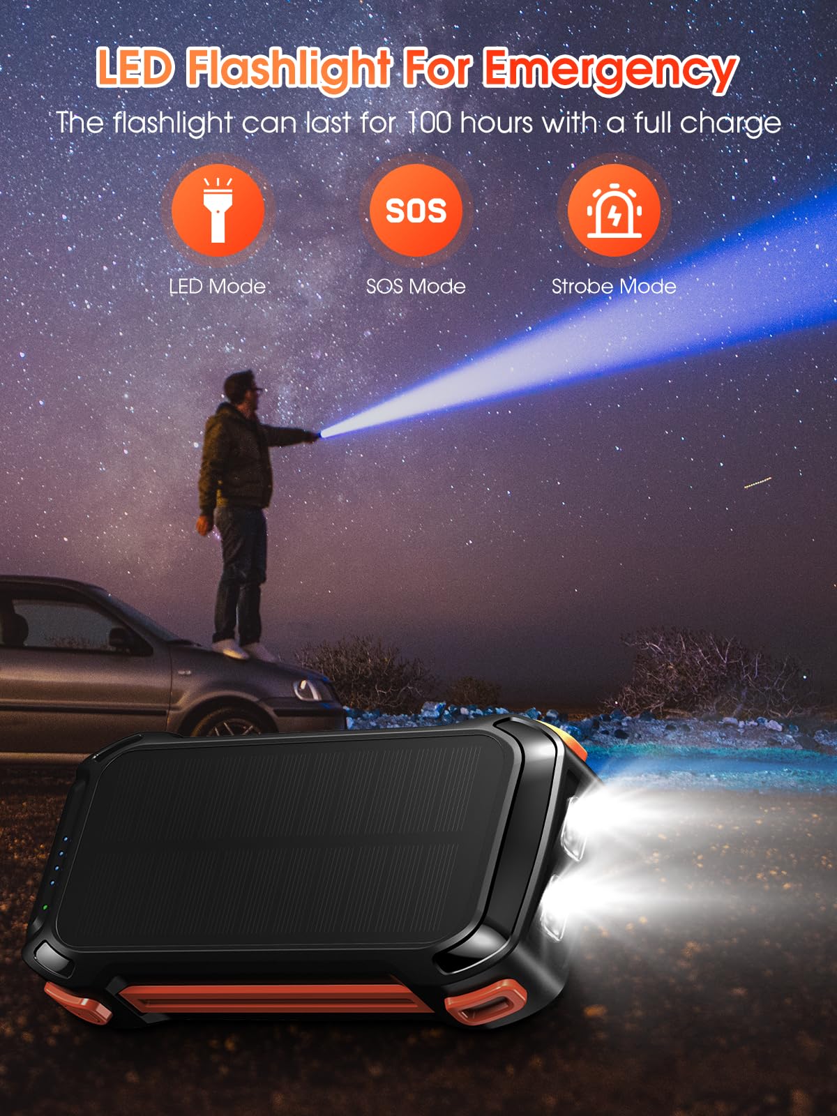 Batterie externe 26800 mAh, charge rapide PD 30 W, chargeur sans fil avec 4 câbles intégrés, 3 ports, lampes de poche LED, batterie portable pour téléphones, tablettes, camping (orange)