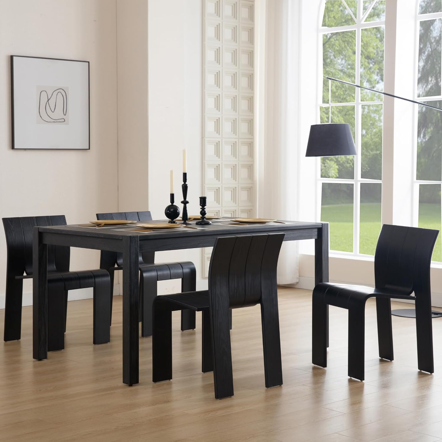 Black Wood Dining Chairs Set of 4, Modern Farmhouse Armless Ergonomic Chair with Wooden Back & Legs, Stackable Dining Room & Kitchen Chairs for Dinner Office Restaurant Café Small Space