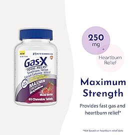 Gas-X Total Relief Chewable Tablets with Maximum Strength Gas Relief Simethicone 250 mg and Heartburn Relief Calcium Carbonate 750 mg, Bloating Relief, Mixed Berries - 65 Count