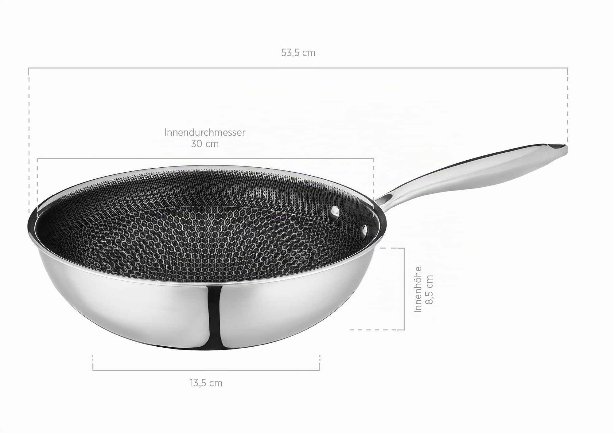 MÄSER Hestia, antihaft beschichtete Wokpfanne 30 cm, hochwertige Wabenbeschichtung, Mehrschichtmaterial für beste Wärmeverteilung, geeignet für Induktion, Edelstahl