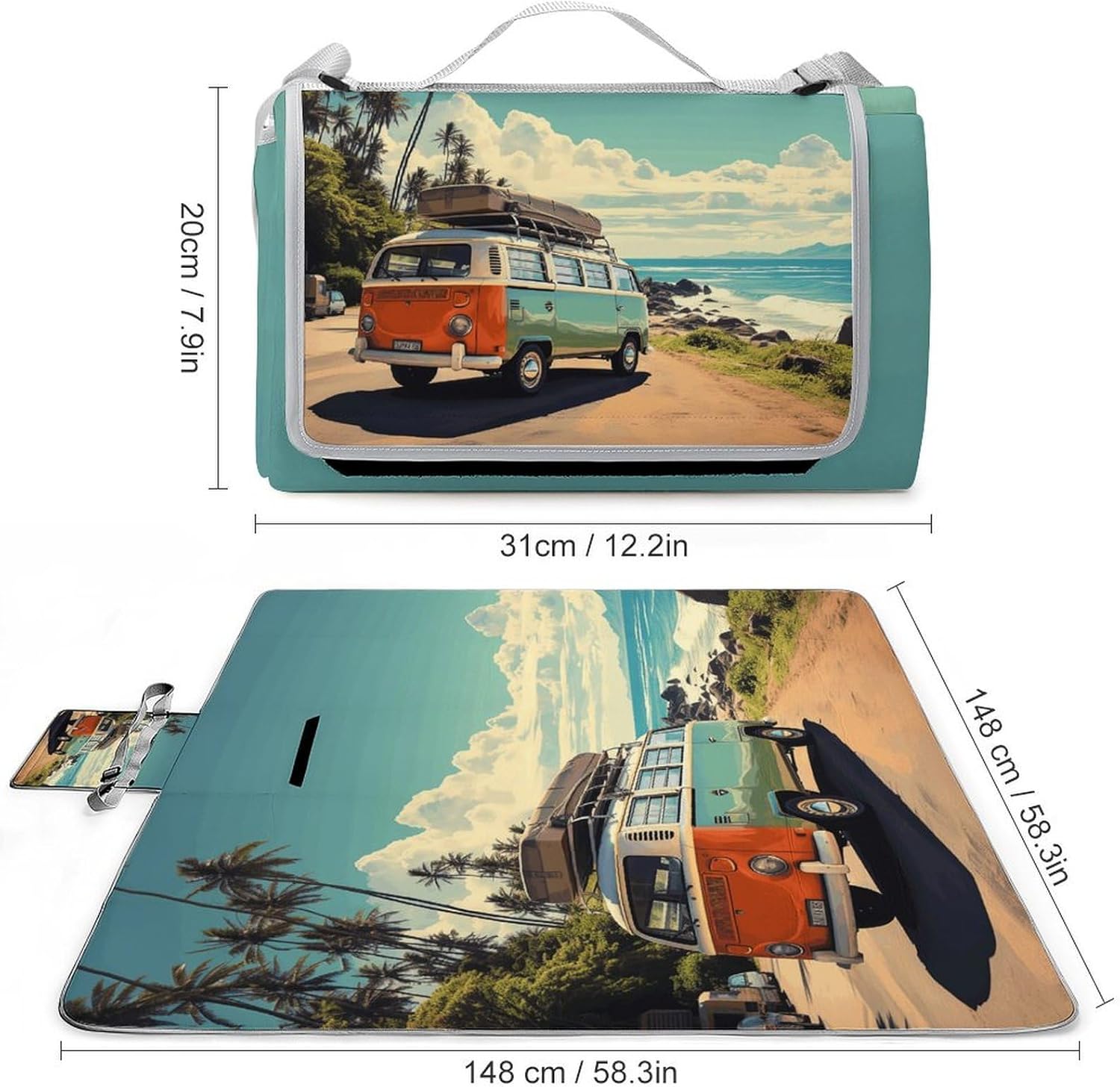 Summer Road Trip Picnic Blanket Indoor and Outdoor Square Blankets Waterproof Design Mat Foldable Beach Mats Portable Park Sand Free Blanket for Camping Beach Park