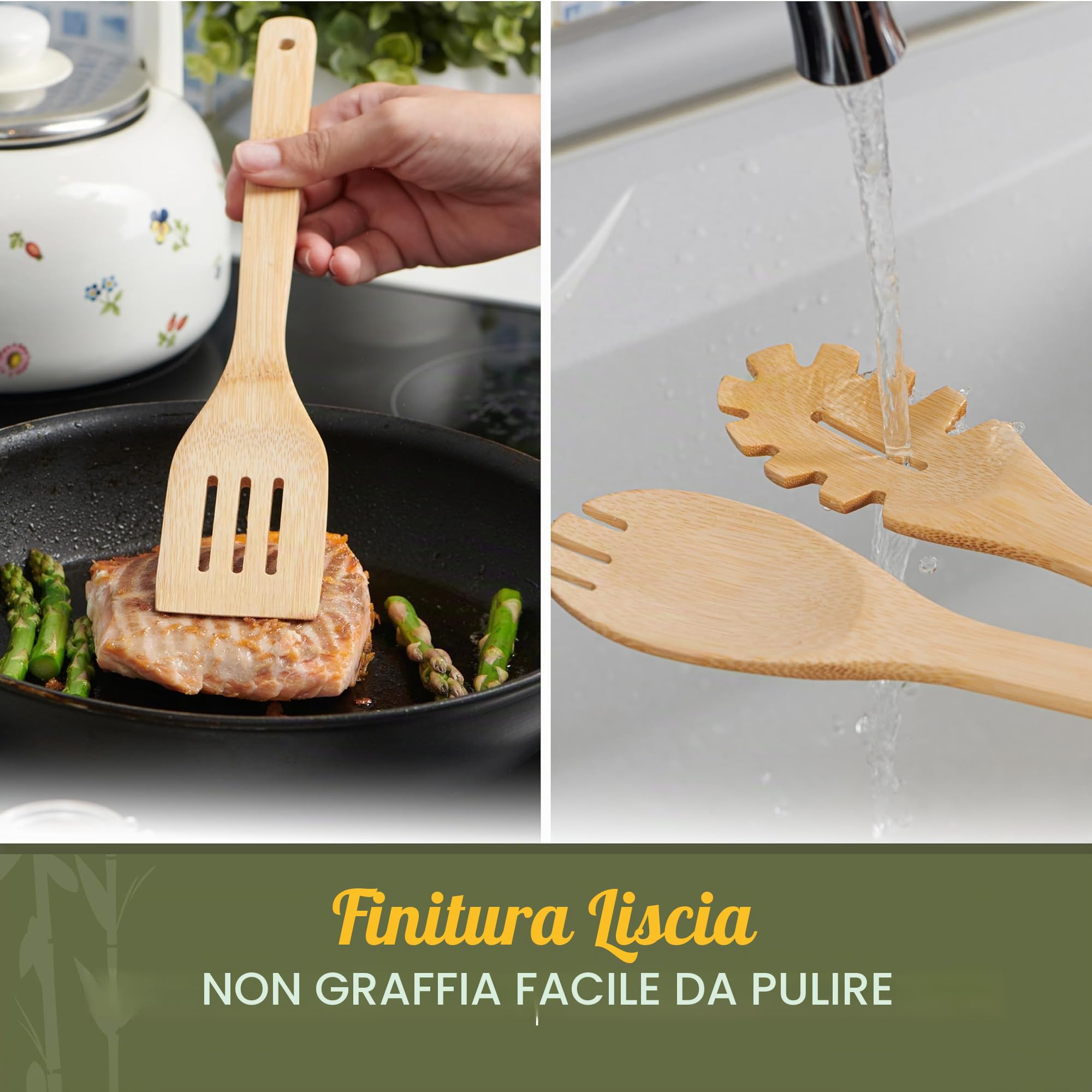 Set di 7 cucchiai da cucina in legno con supporto in 100% bambù