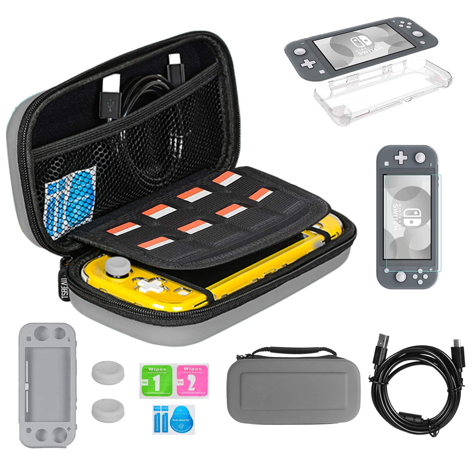 Vaparinckl Portable Protective Carrying Case for Nintendo Switch Lite, Hard Travel Accessories Kit Bundle Handbag With Card Slot, TPU Case Cover, PU Hard Case Cover, Tempered Glass Screen Protector (Grey)