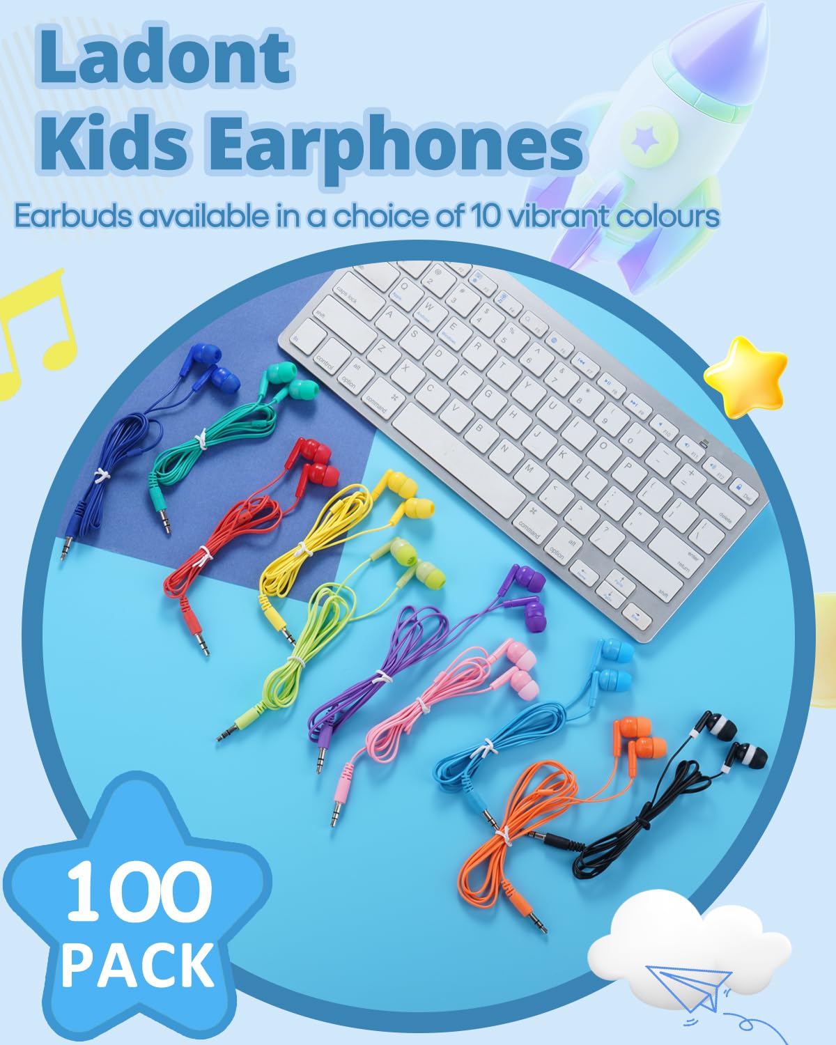 Confezione da 100 auricolari in-ear con jack da 3,5 mm, per studenti scolastici e scolastici, per bambini, ragazzi e ragazze