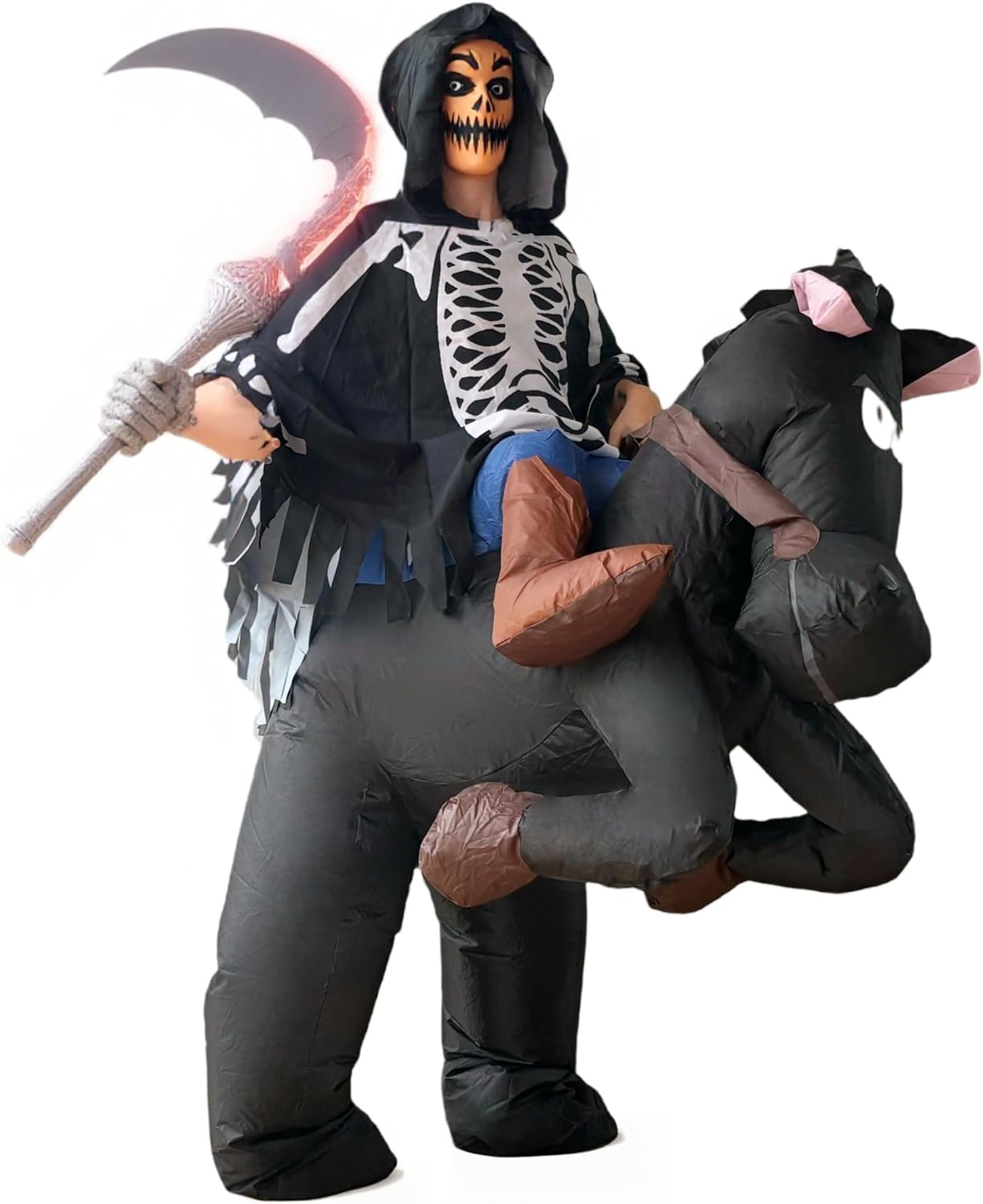 Inflatable Skeleton Rider Costume – Funny Halloween Donkey Costume for Adults and Teens 4.3-6.5ft– Blow Up Grim Reaper Riding Donkey Outfit – Hilarious Suit for Party, Parade, or Trick-or-Treat