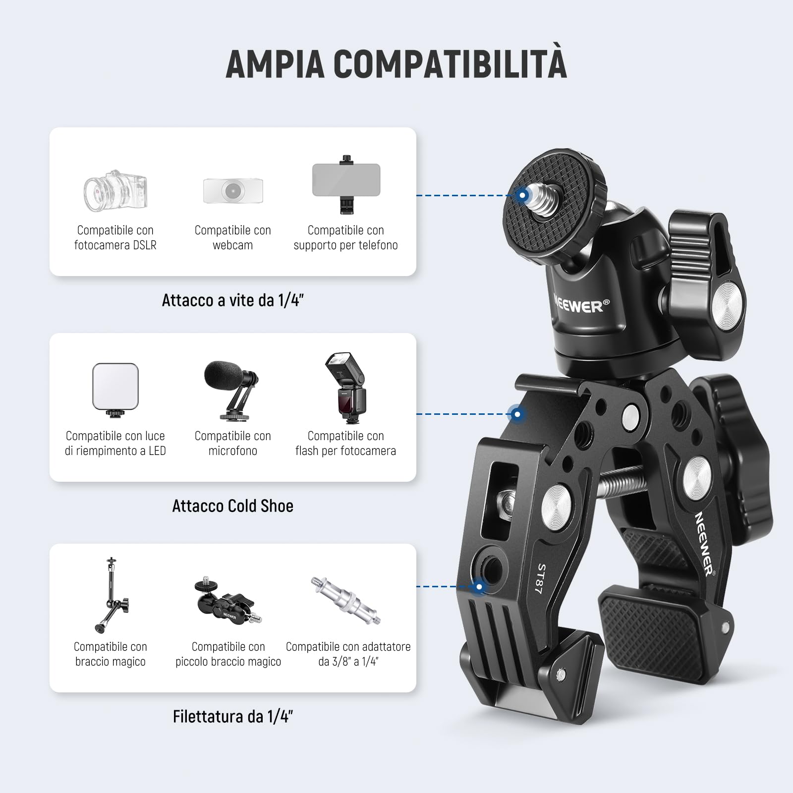 NEEWER Super Clamp con Testa a Sfera, Cold Shoe, Supporto per Telefono e Adattatore per Action Camera per Superfici Piane/Rotonde Compatibile con GoPro DJI iPhone 15 Pro Max, ST87