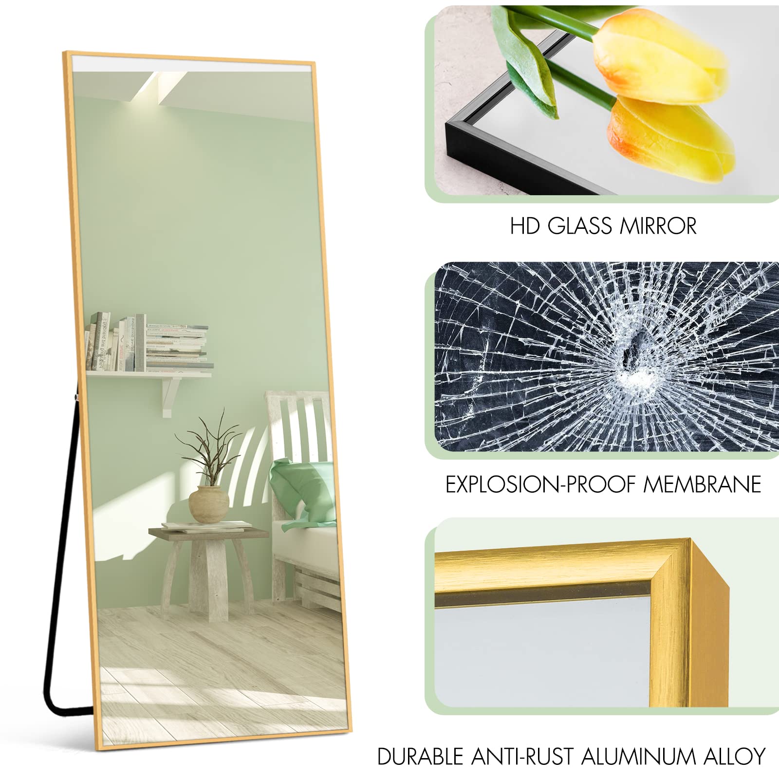 Natsukage 64"x21" Gold Full Length Mirror Large Floor Mirror with Stand Wall Mirror Full Length Body Mirror Standing Hanging or Leaning Against Wall Bedroom Mirror Aluminum Alloy Frame