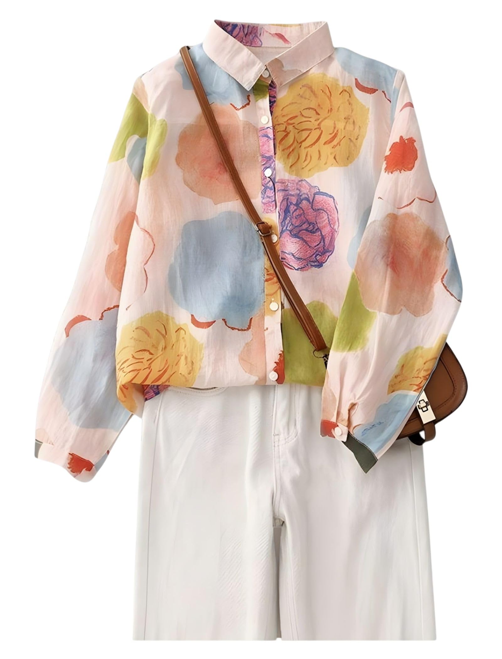 gufrina Women’s Button Down Shirt with Relaxed Fit and Long Sleeves Featuring Abstract Oversized Floral Print (TOP-131)-picture-14