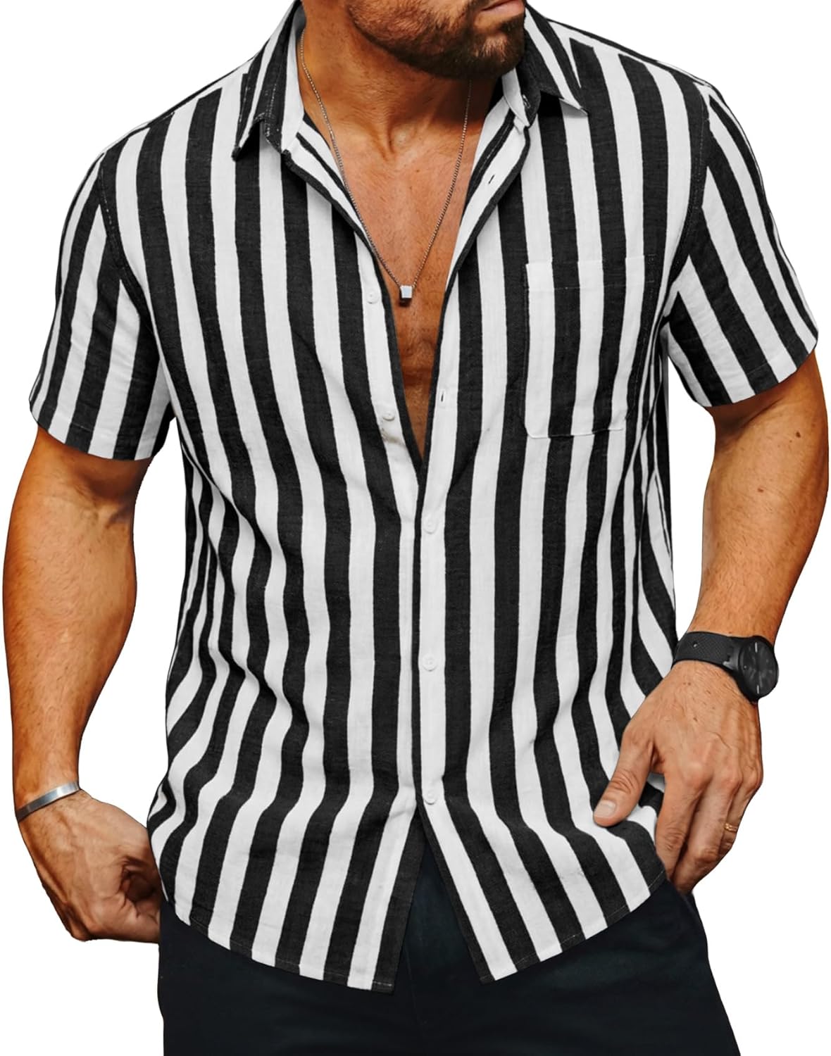 Runcati Mens Striped Button Down Shirts Casual Short Sleeve Linen Shirt Summer Beach Vacation Tops